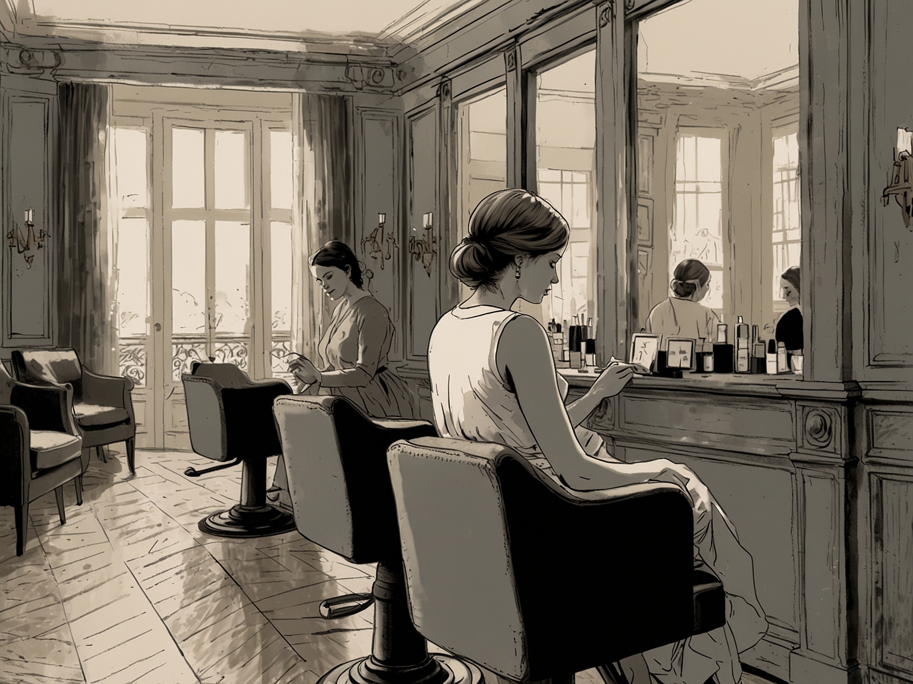 A corner of a Parisian salon with a stylist applying a natural-looking color treatment, emphasizing the bespoke and personalized service offered.