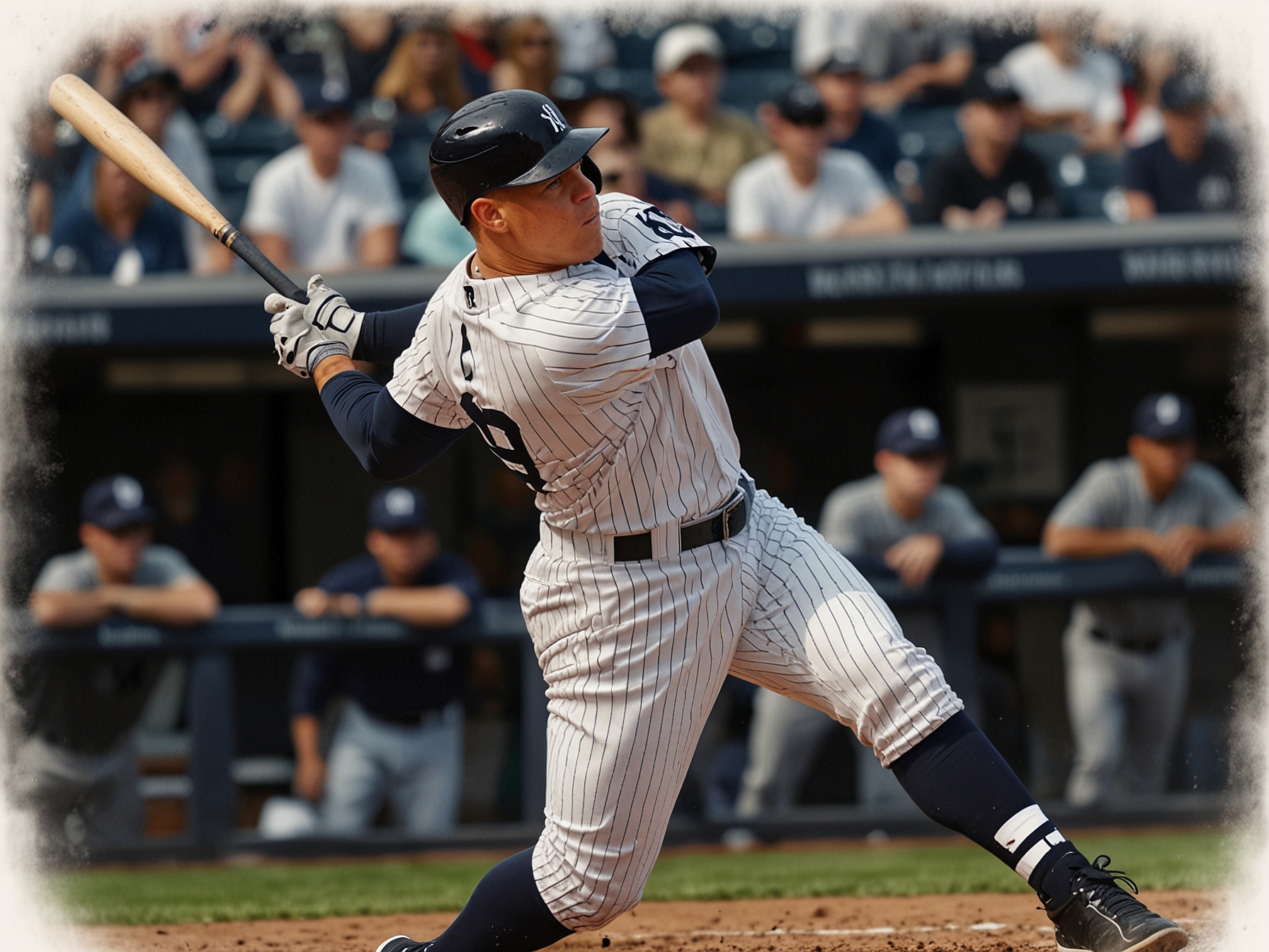 Aaron Judge in his Yankees uniform, delivering a powerful swing at the plate, highlighting his home run prowess - emphasizing the physical demands of his role and why he is skipping the Derby.