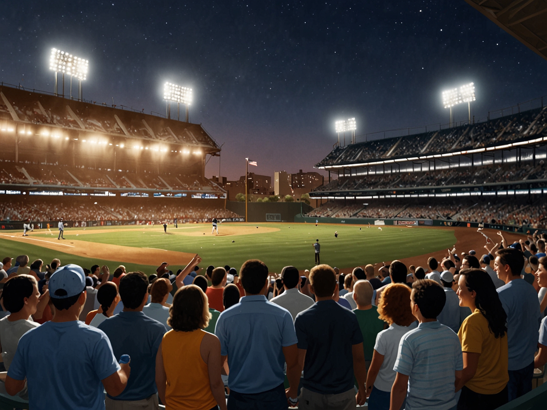 A joyful crowd at a previous Home Run Derby, capturing the excitement and anticipation of the event, with a spotlight left open for rising stars in Judge's absence for the upcoming 2024 contest.
