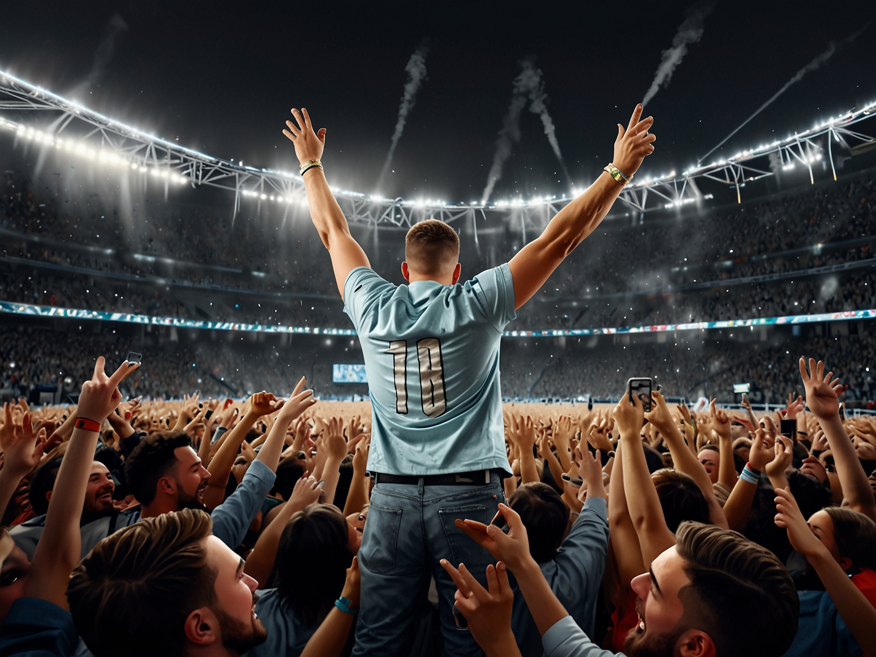 Travis Kelce in the crowd at Wembley Stadium during Taylor Swift's Eras Tour show, performing his signature invisible bow and arrow move and dancing, capturing fans' excitement.