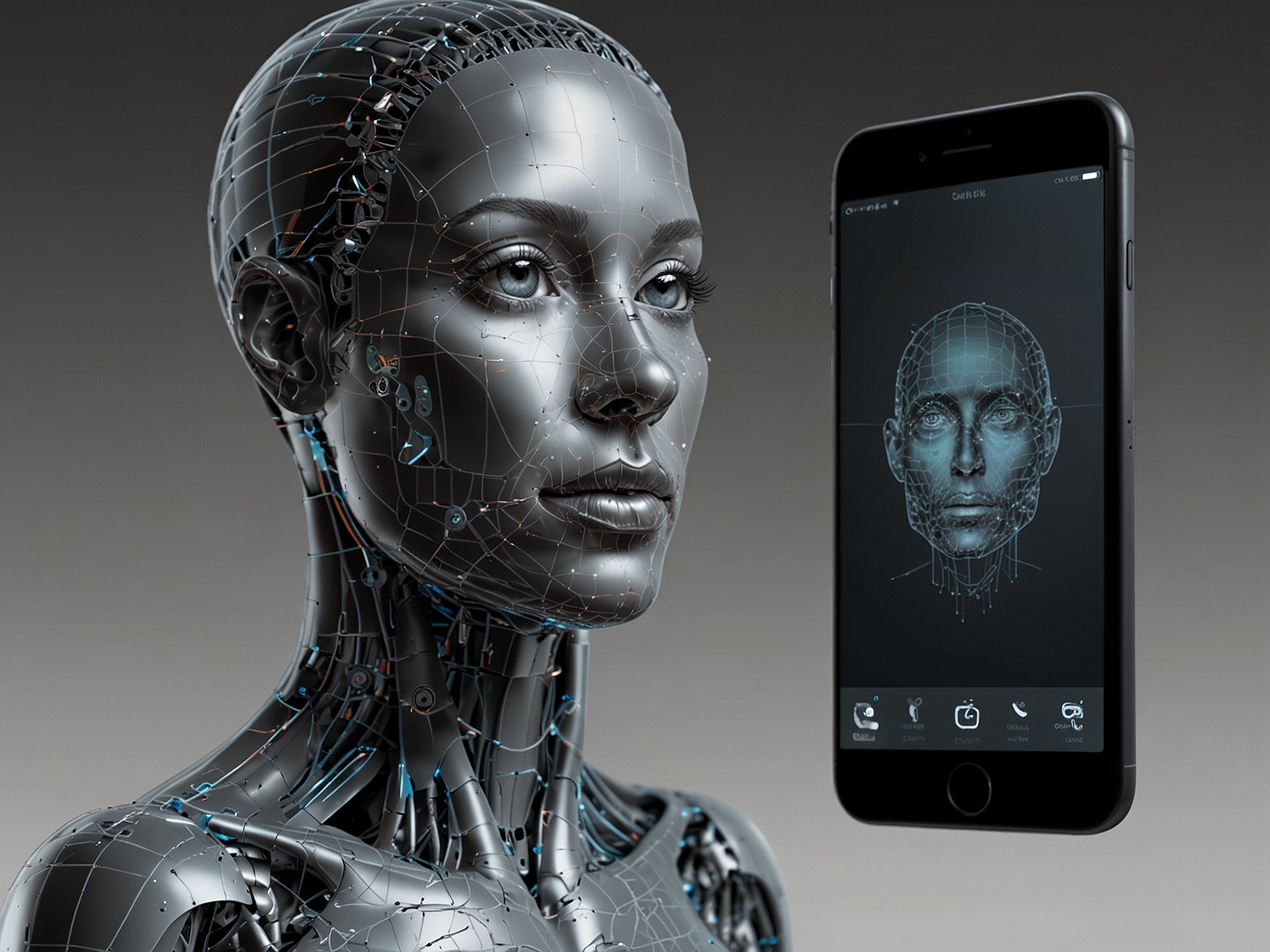 A conceptual image showing an iPhone with enhanced AI capabilities. Graphics illustrate Meta's generative AI model blending seamlessly with Apple's innovative AI system.
