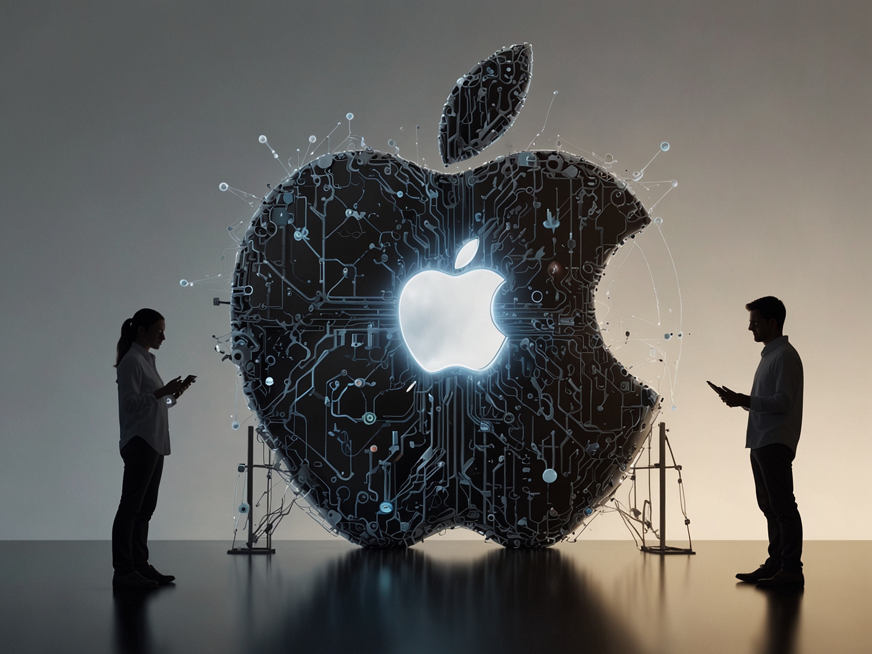 An illustrative graphic depicting a collaborative effort between Meta Platforms and Apple. It features engineers from both companies working together, symbolizing their partnership in integrating advanced AI technologies into iPhones.
