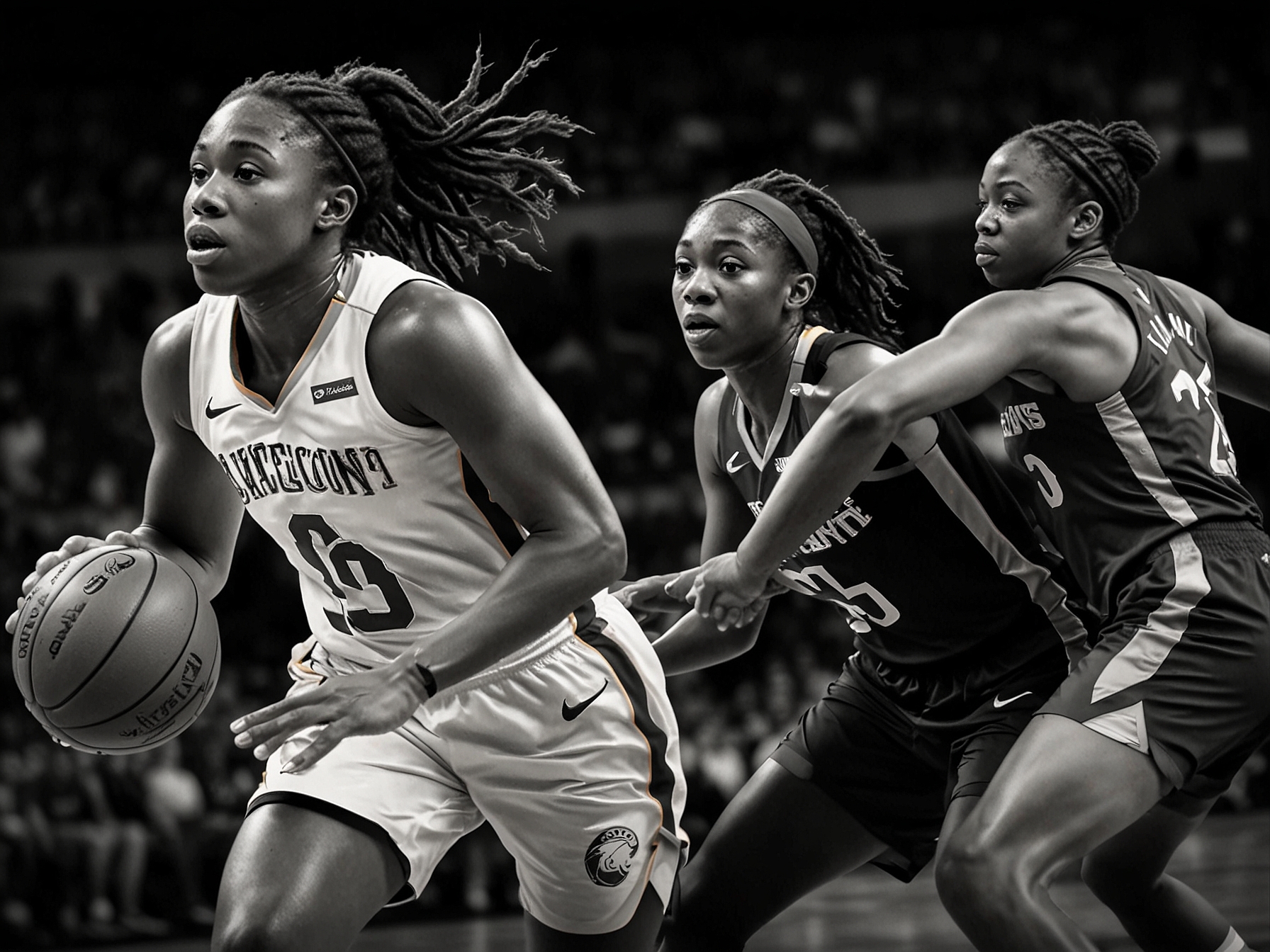 Jewell Loyd driving to the basket, showcasing her exceptional playmaking abilities. She is closely marked by a Connecticut Sun defender, highlighting the intense nature of the game.