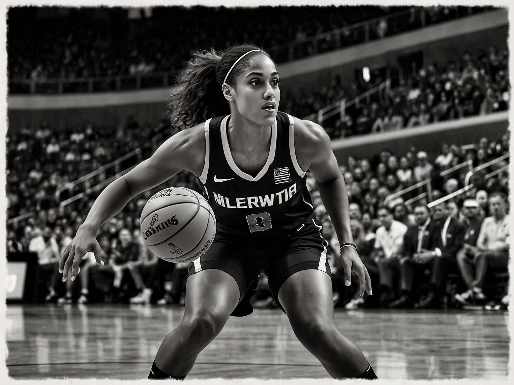 Skylar Diggins-Smith in action, delivering one of her eight crucial assists. Her keen court vision and quick decision-making are evident as she maneuvers around the opposing team’s defense.