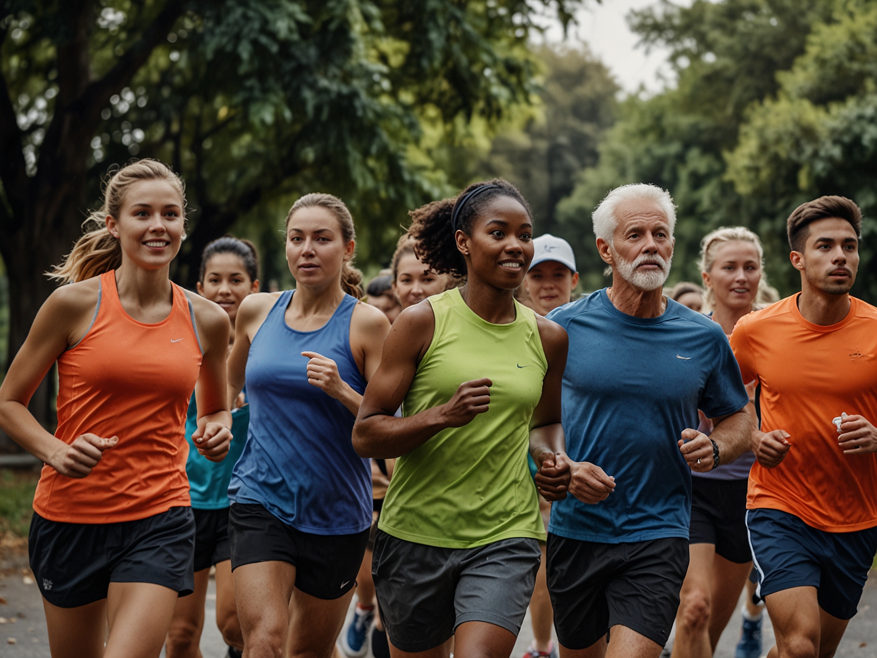 A group of diverse runners, joggers, and walkers participating in a Parkrun event, highlighting the community-centric ethos and the health benefits that bring people together.
