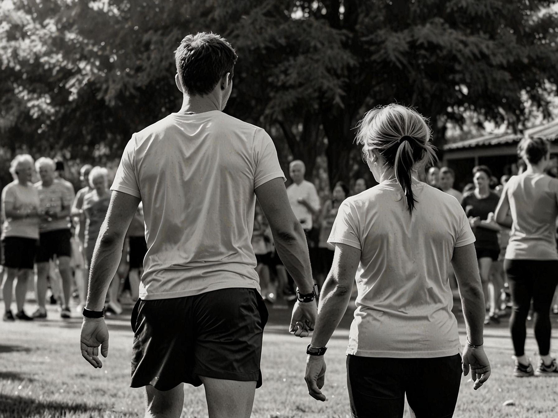 An emotional reunion scene among family members, captured during a special Parkrun gathering, symbolizing the profound impact of community events in rekindling lost relationships.