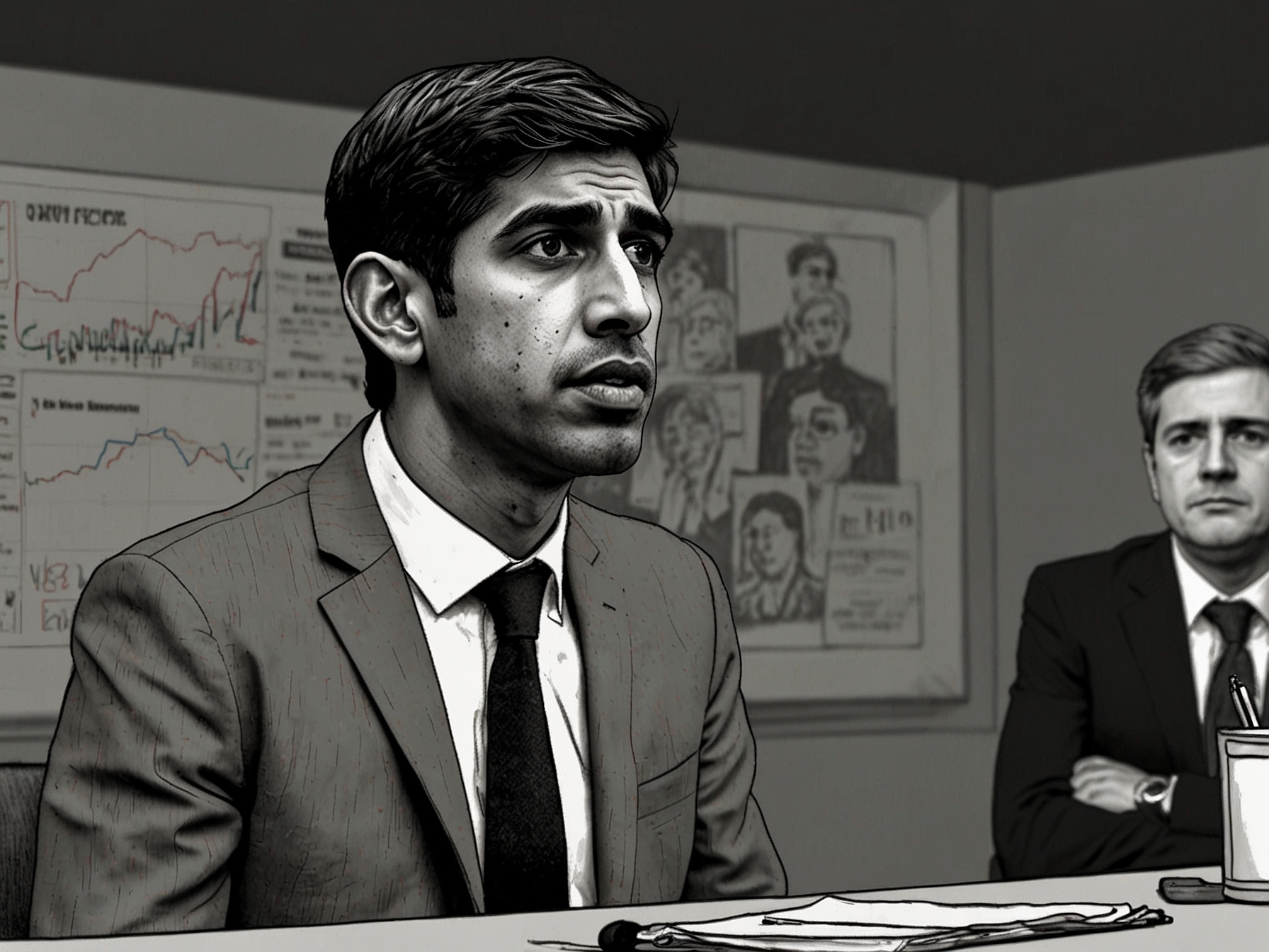 An illustration of Prime Minister Rishi Sunak at a press conference, looking stressed and defensive as journalists bombard him with questions about the betting scandal shaking the Conservative Party.