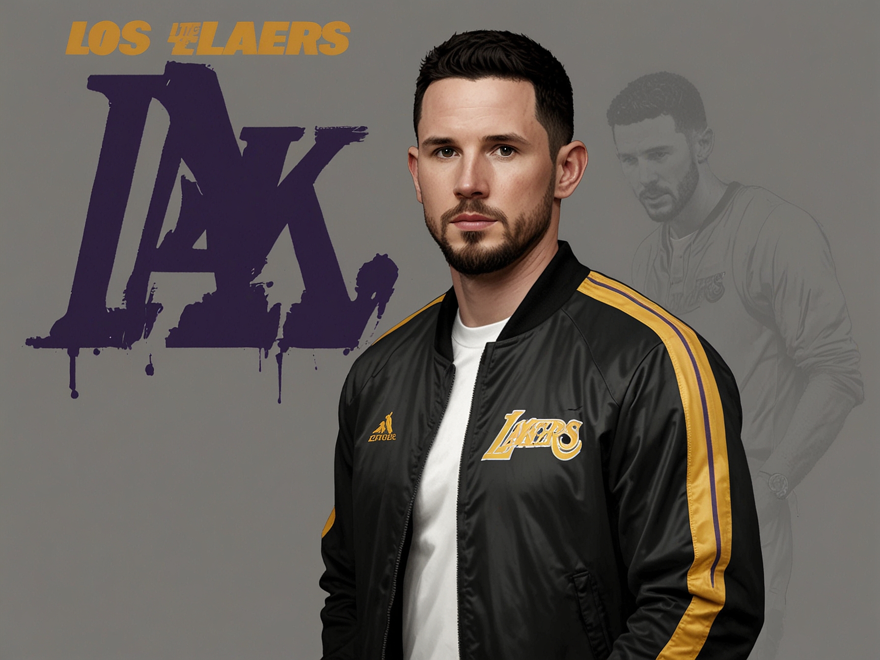 JJ Redick, the newly appointed head coach of the Los Angeles Lakers, poses confidently in a Lakers jacket while standing on the court. His deep understanding of basketball is evident in his demeanor.