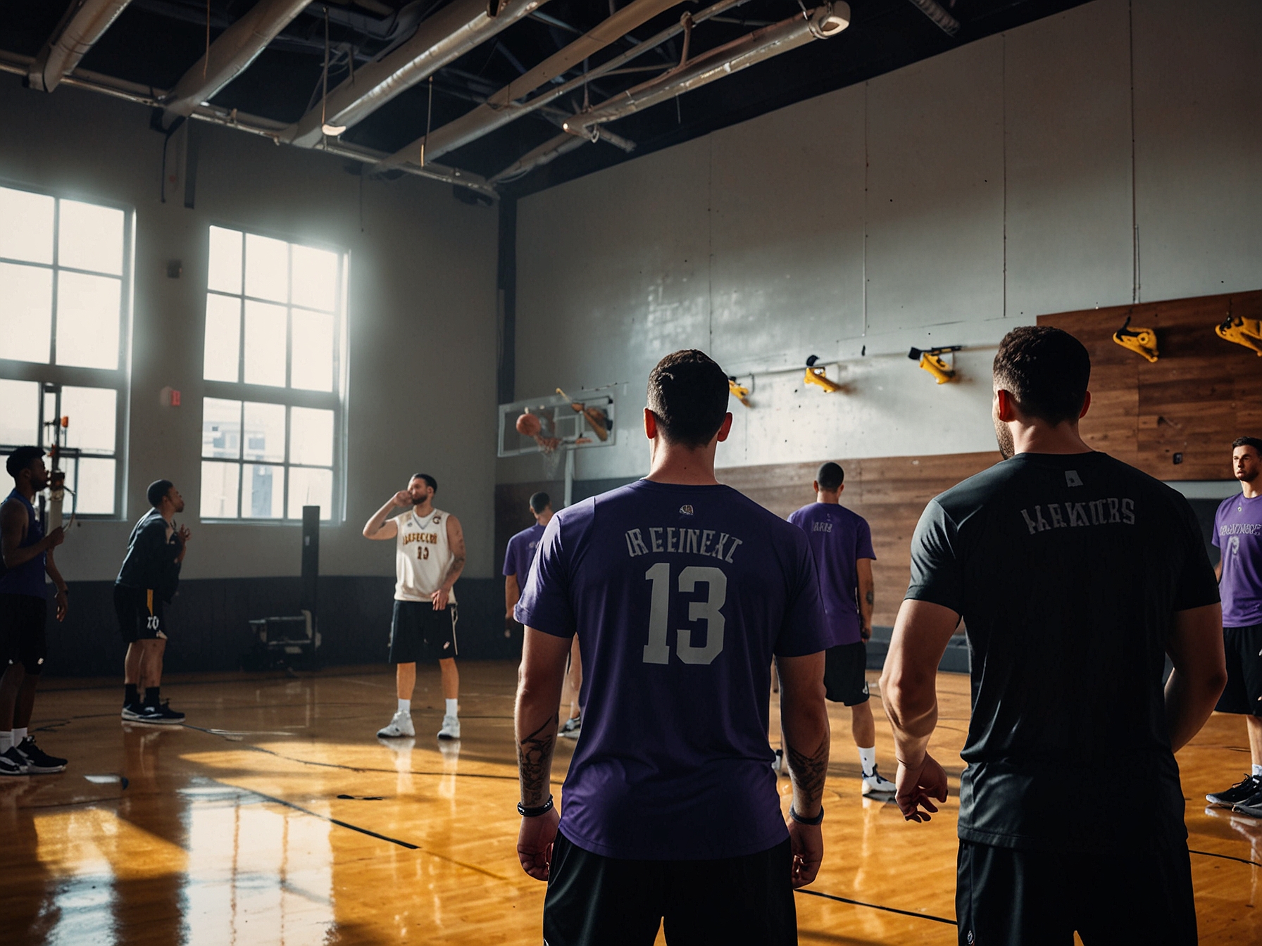 Los Angeles Lakers team members gather during a practice session under the watchful eye of their new head coach, JJ Redick. The image captures the beginning of a new era for the team.