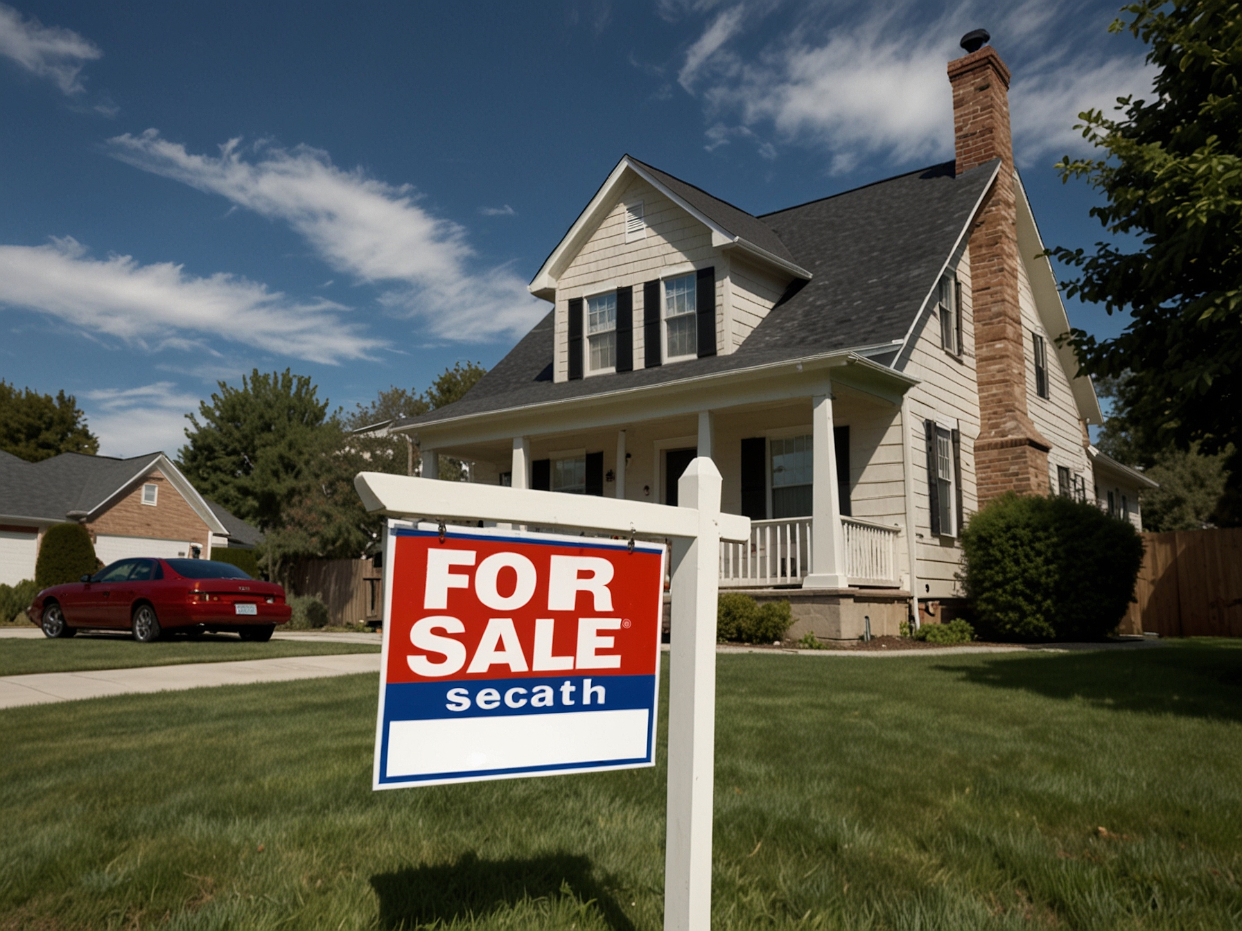 An image showing a 'For Sale' sign in front of a house, with a graphical overlay illustrating the falling home sales trend and rising mortgage rates impacting the U.S. housing market.