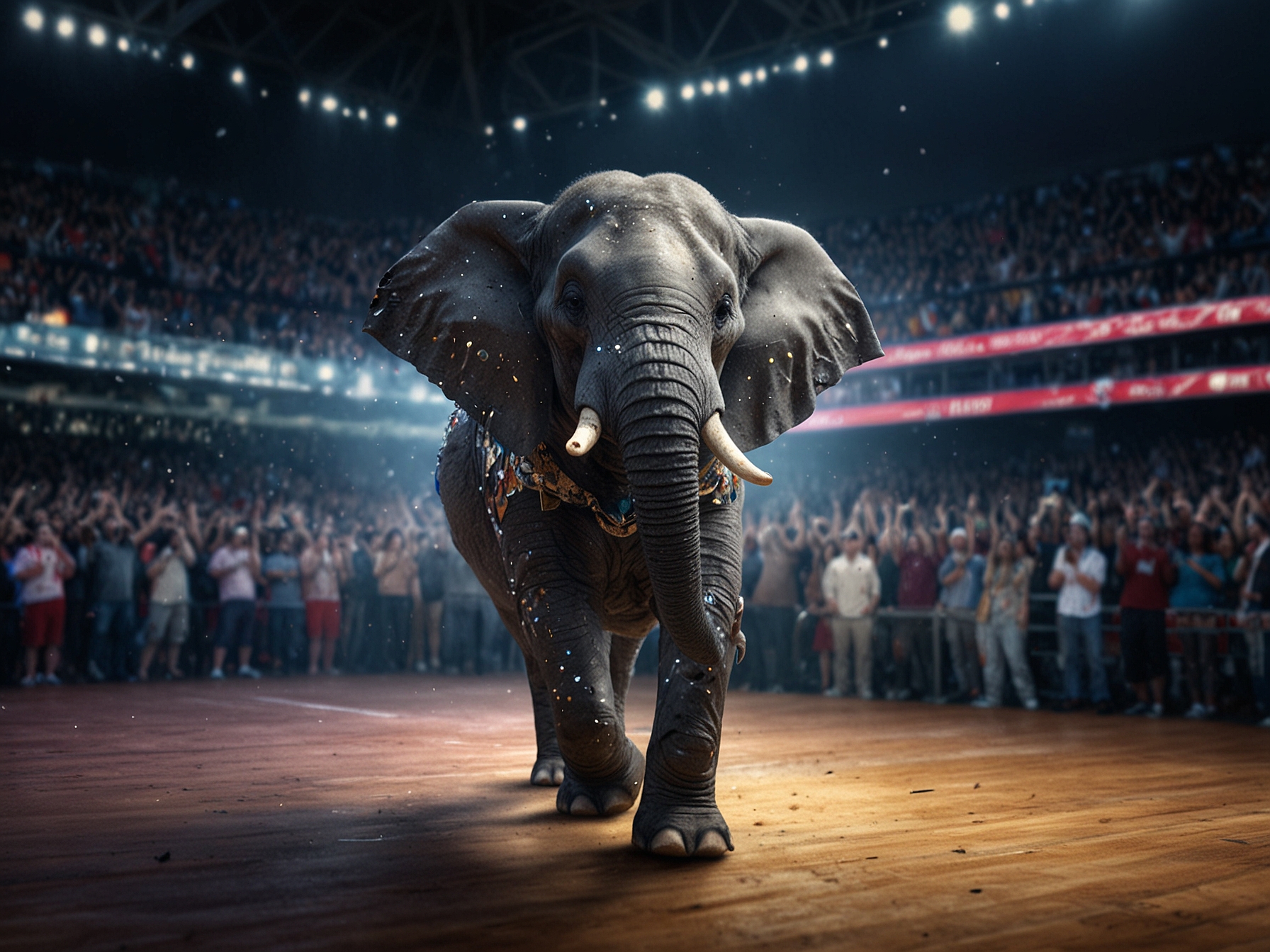 Ellie the Elephant, dressed in a sparkling outfit similar to Beyoncé's style, performing a choreographed dance routine at a NY Liberty game as a tribute to the 'Renaissance' album.
