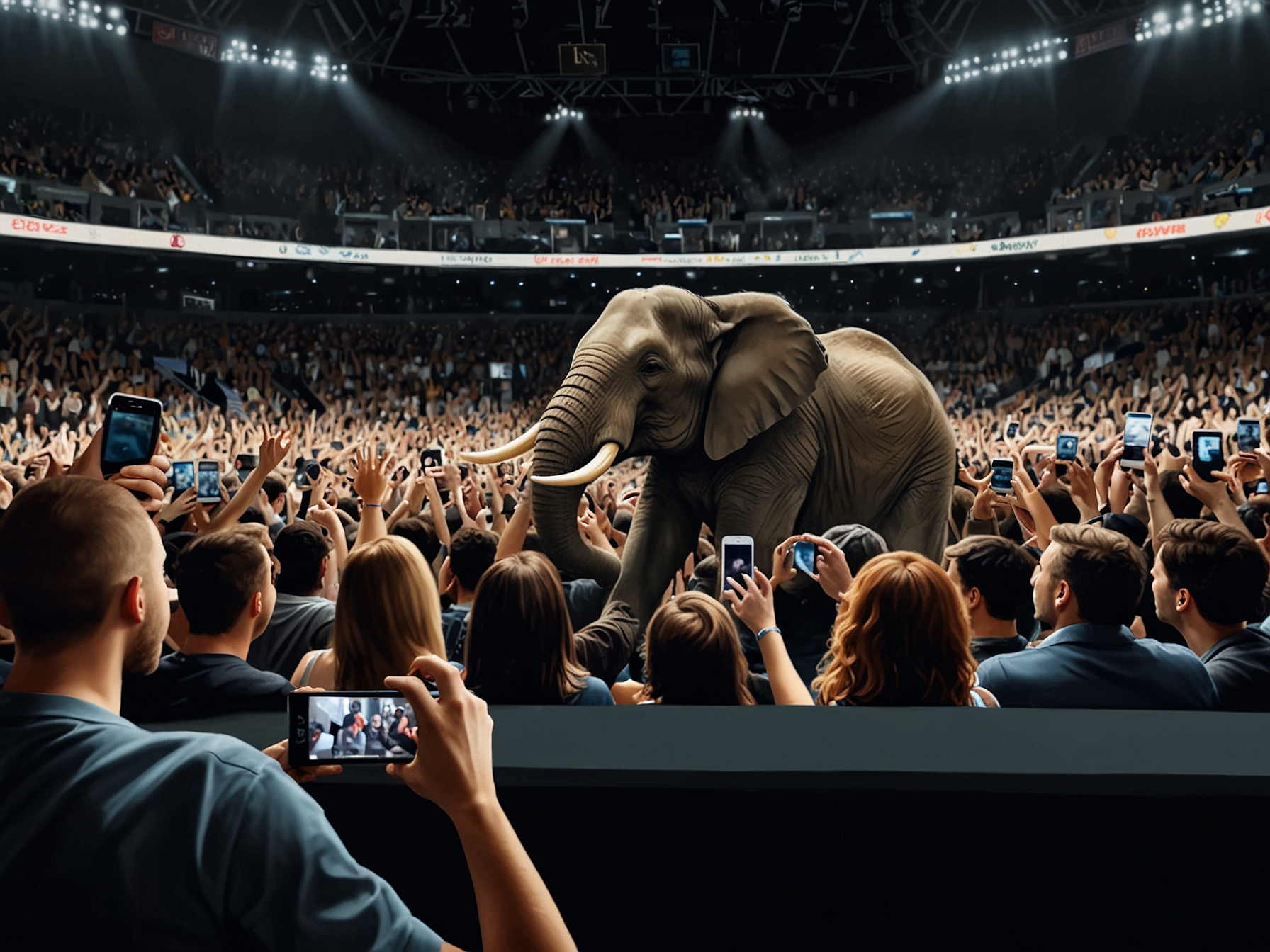 Fans at Barclays Center cheering and recording Ellie the Elephant’s performance on their phones, with social media quickly flooding with videos and positive comments about the tribute.