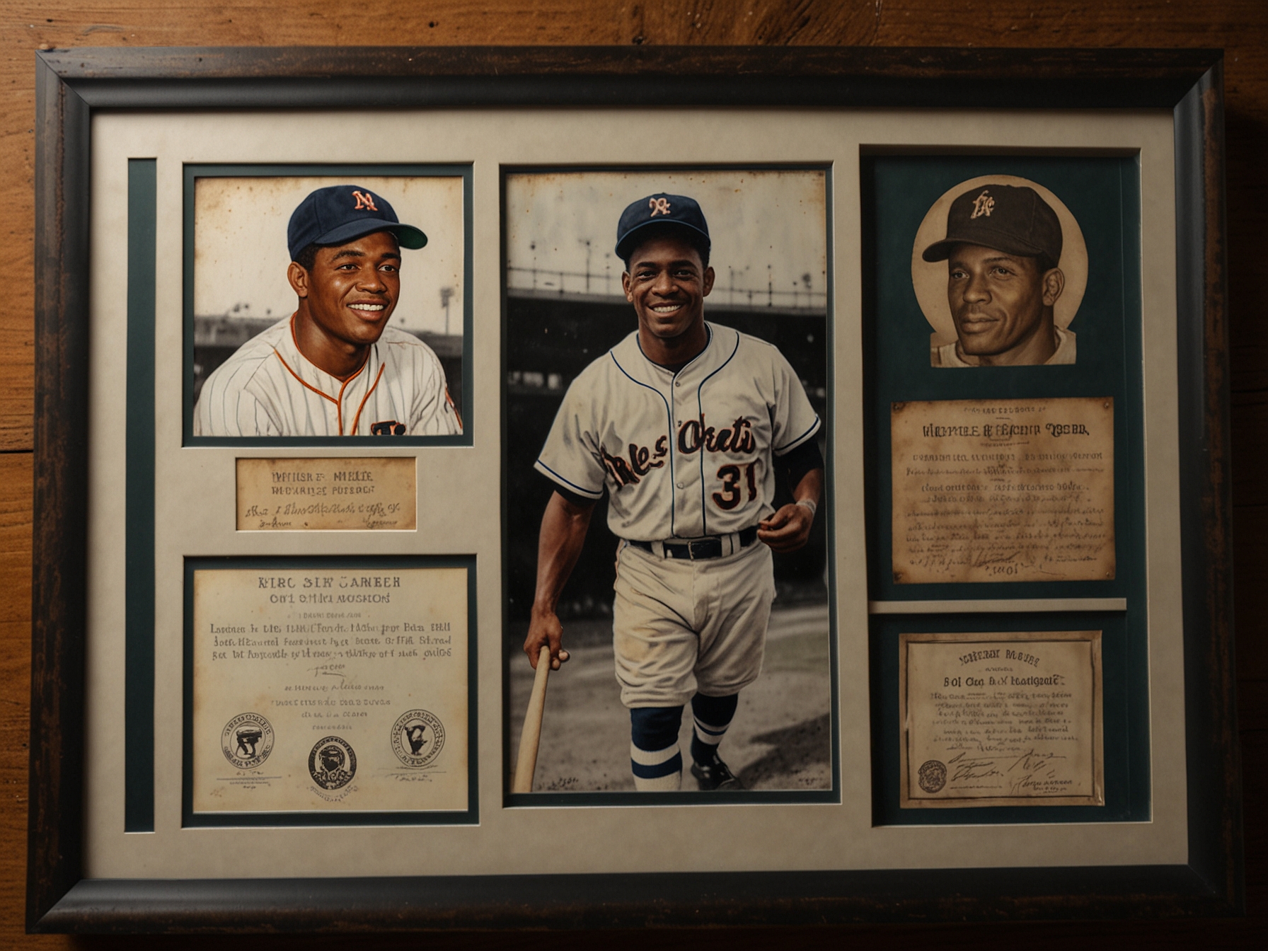 Memorabilia from the Negro Leagues, including photos and equipment, displayed at Rickwood Field to honor Willie Mays and the contributions of African-American players.