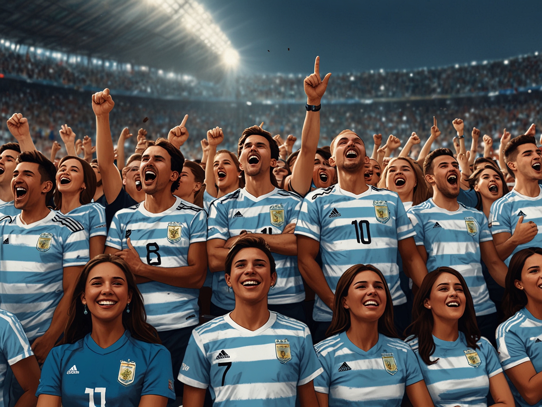 The packed stadium buzzes with excitement as Argentine fans don light blue and white striped shirts, passionately cheering for their team during the opening match against Canada in Copa America 2024.