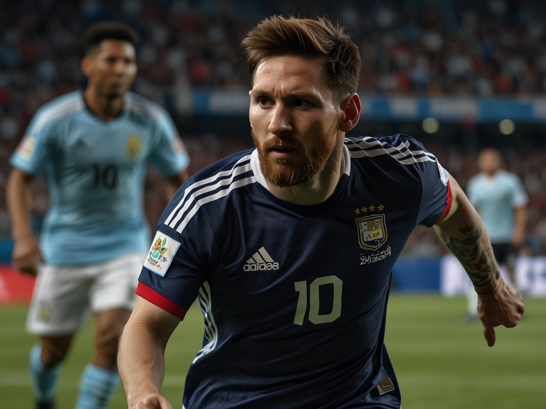 Lionel Messi, wearing the captain's armband, skillfully dribbles past Canadian defenders, showcasing his masterful control and vision, leading Argentina to a commanding 3-1 victory in their first Copa America 2024 match.