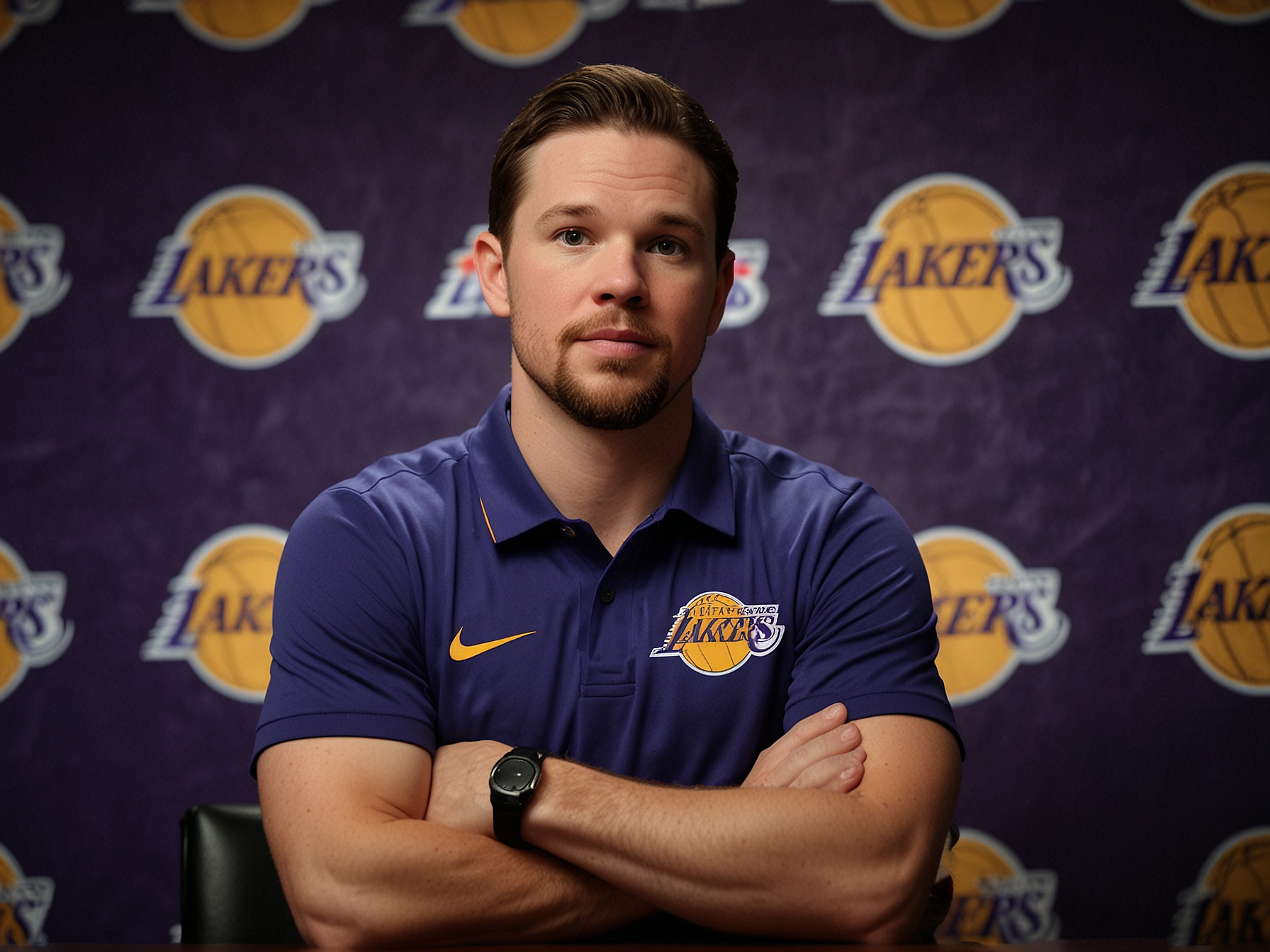 JJ Reddick, the newly appointed head coach of the Los Angeles Lakers, is seen confidently addressing the media. The backdrop features the Lakers' iconic logo, symbolizing a new era for the team.