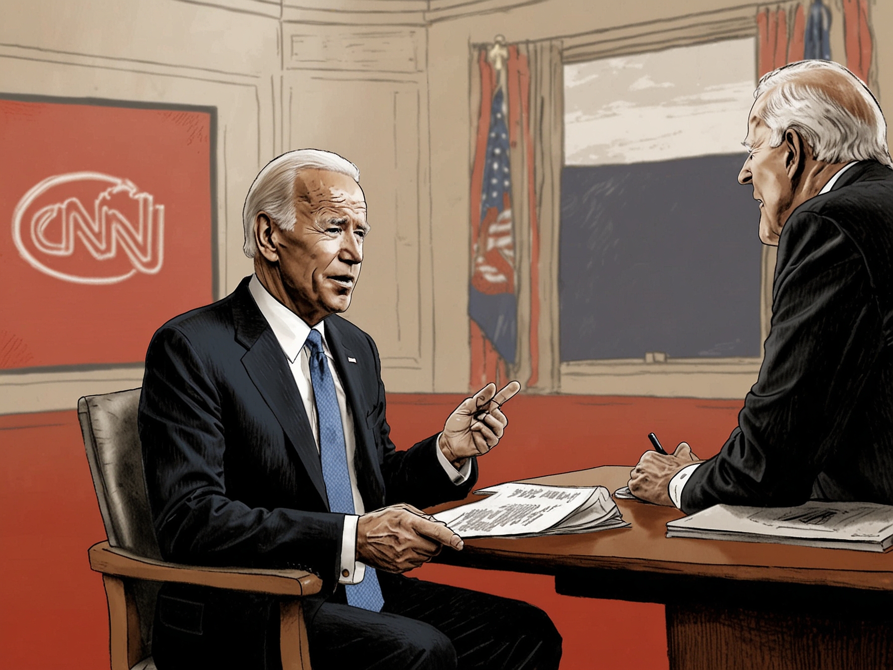 Image of CNN host interviewing Biden Campaign Co-Chair, highlighting the tight race between Biden and Trump despite Trump's legal woes.