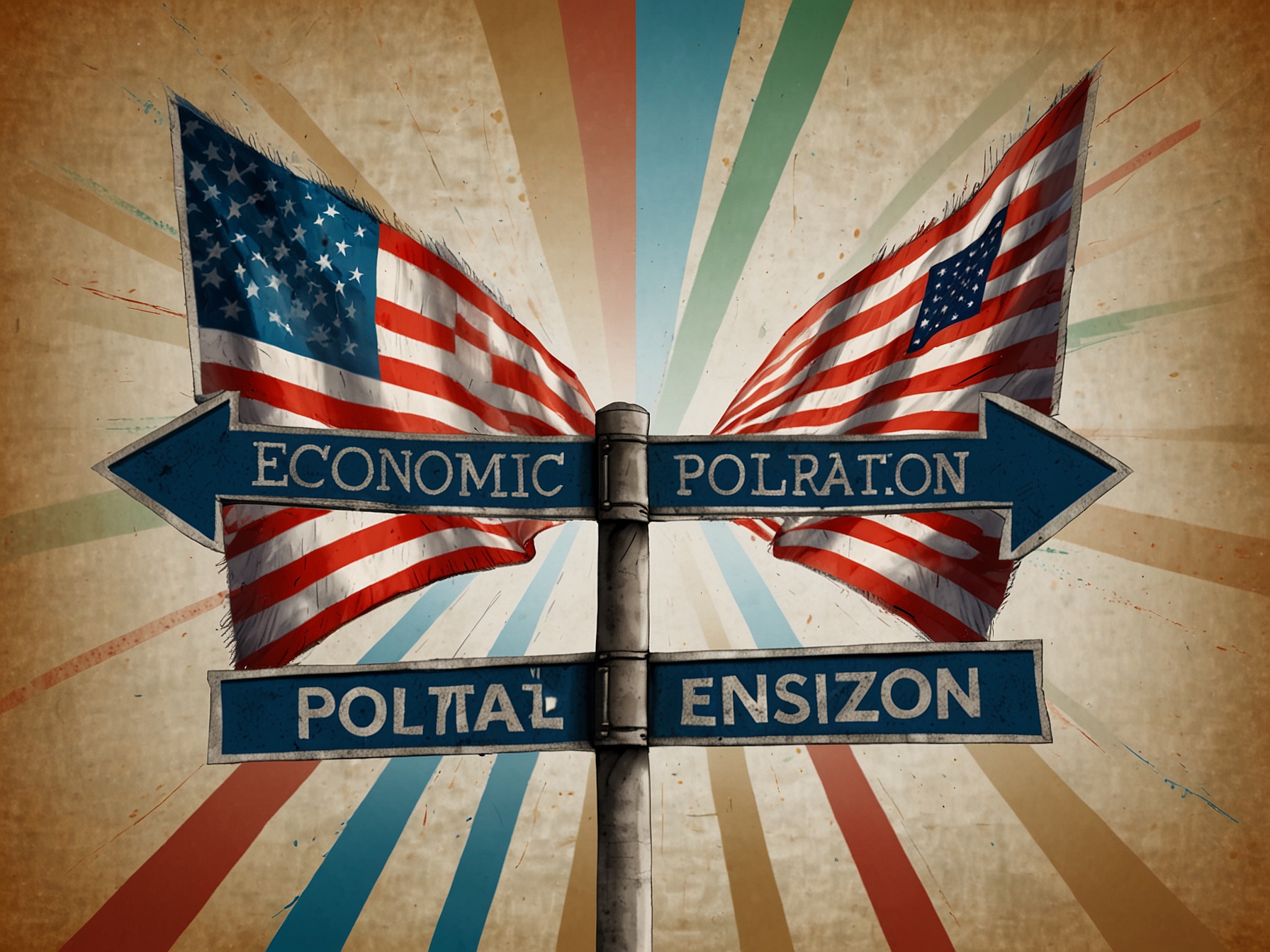 Visual representation of two diverging arrows labeled 'Economic Concerns' and 'Political Polarization,' illustrating factors impacting the 2024 presidential race.