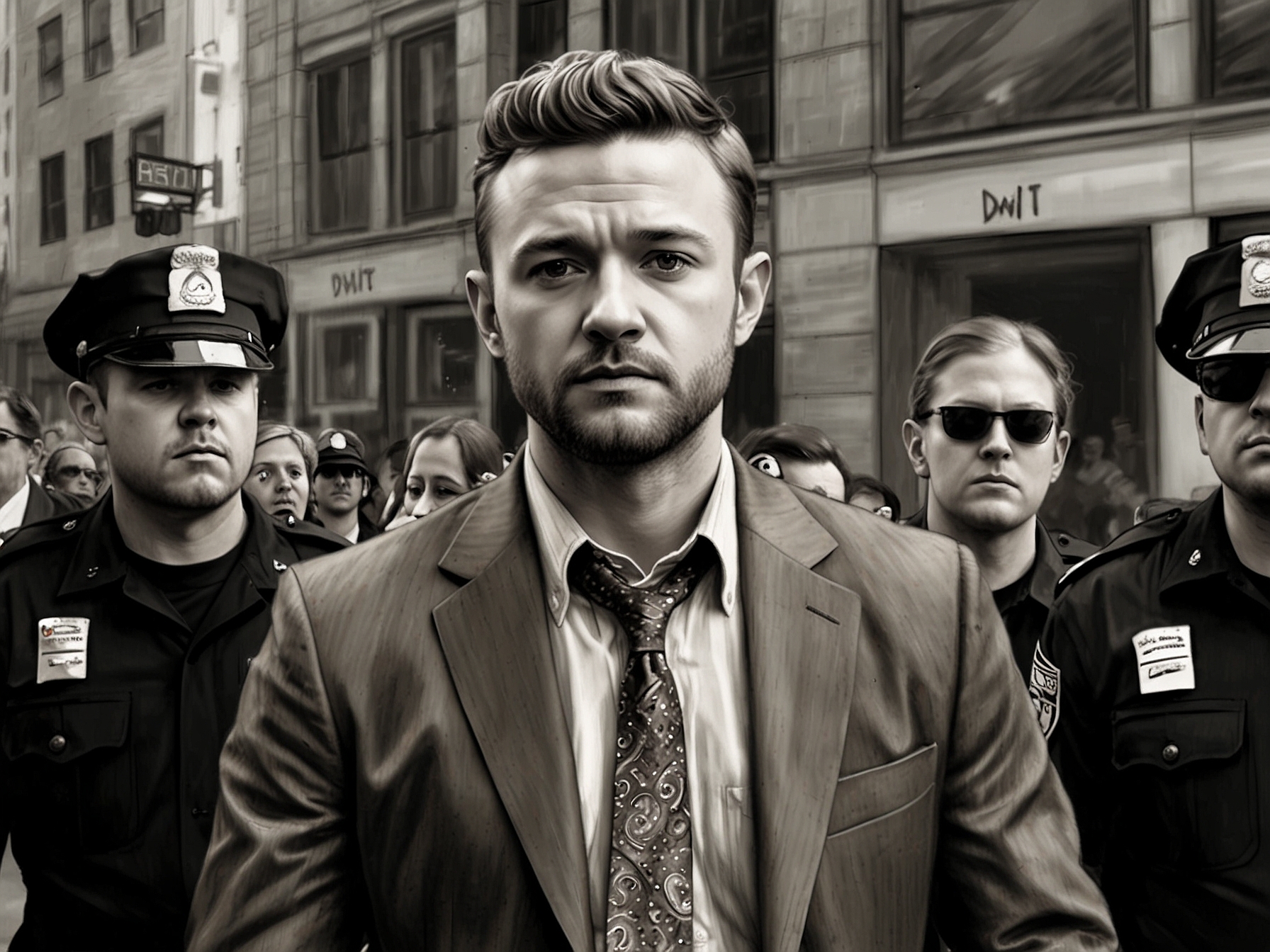 Justin Timberlake being escorted by police officers after his alleged DWI arrest, amidst flashing paparazzi cameras catching every moment of the chaotic scene.
