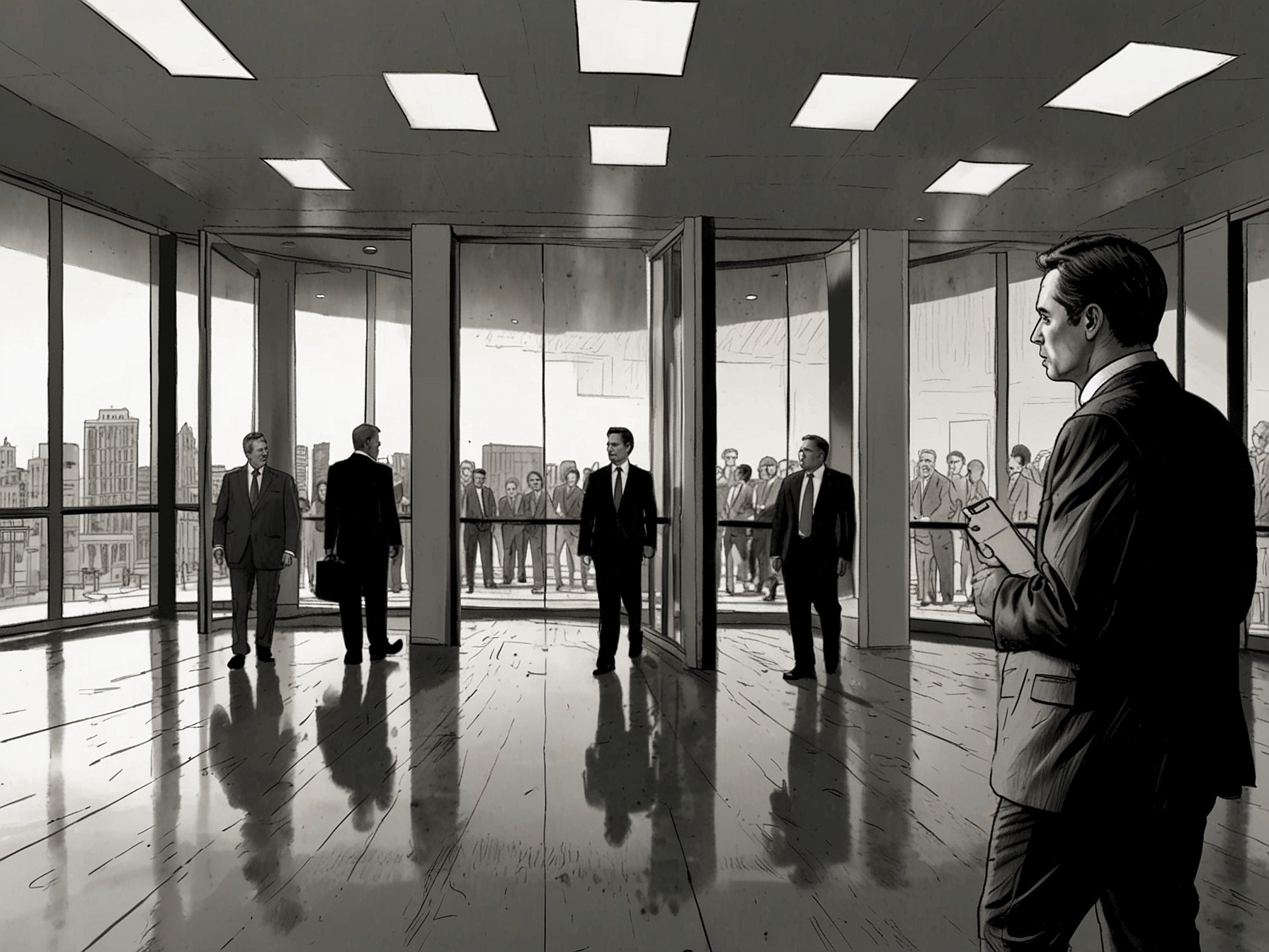 An illustration of a boardroom with a revolving door and multiple CEOs entering and leaving, depicting the frequent changes and lack of consistent leadership at XYZ Corp.