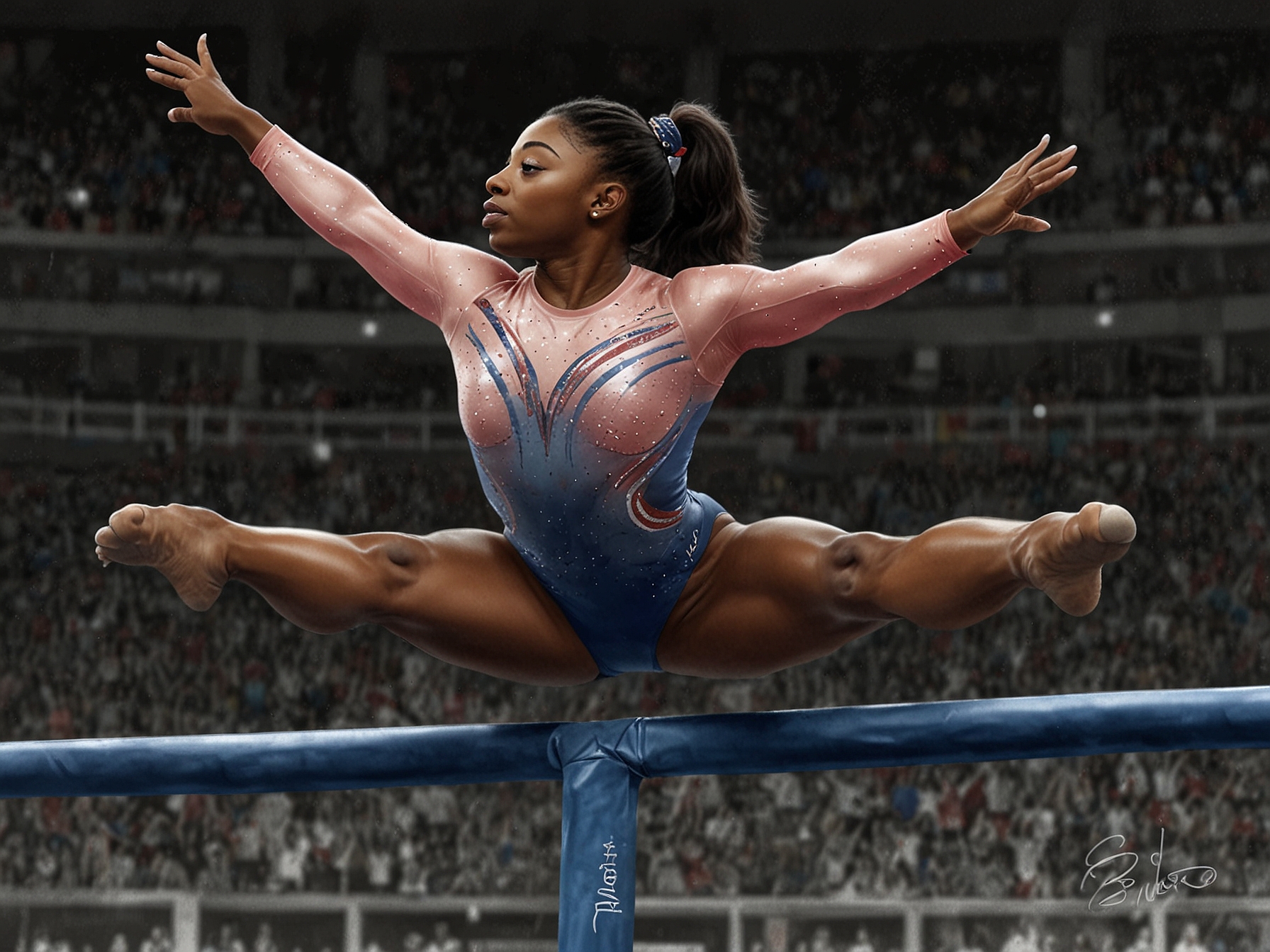 A captivating shot of Simone Biles performing a complex gymnastics routine, highlighting her athletic prowess and the incredible skills that have made her a global icon.
