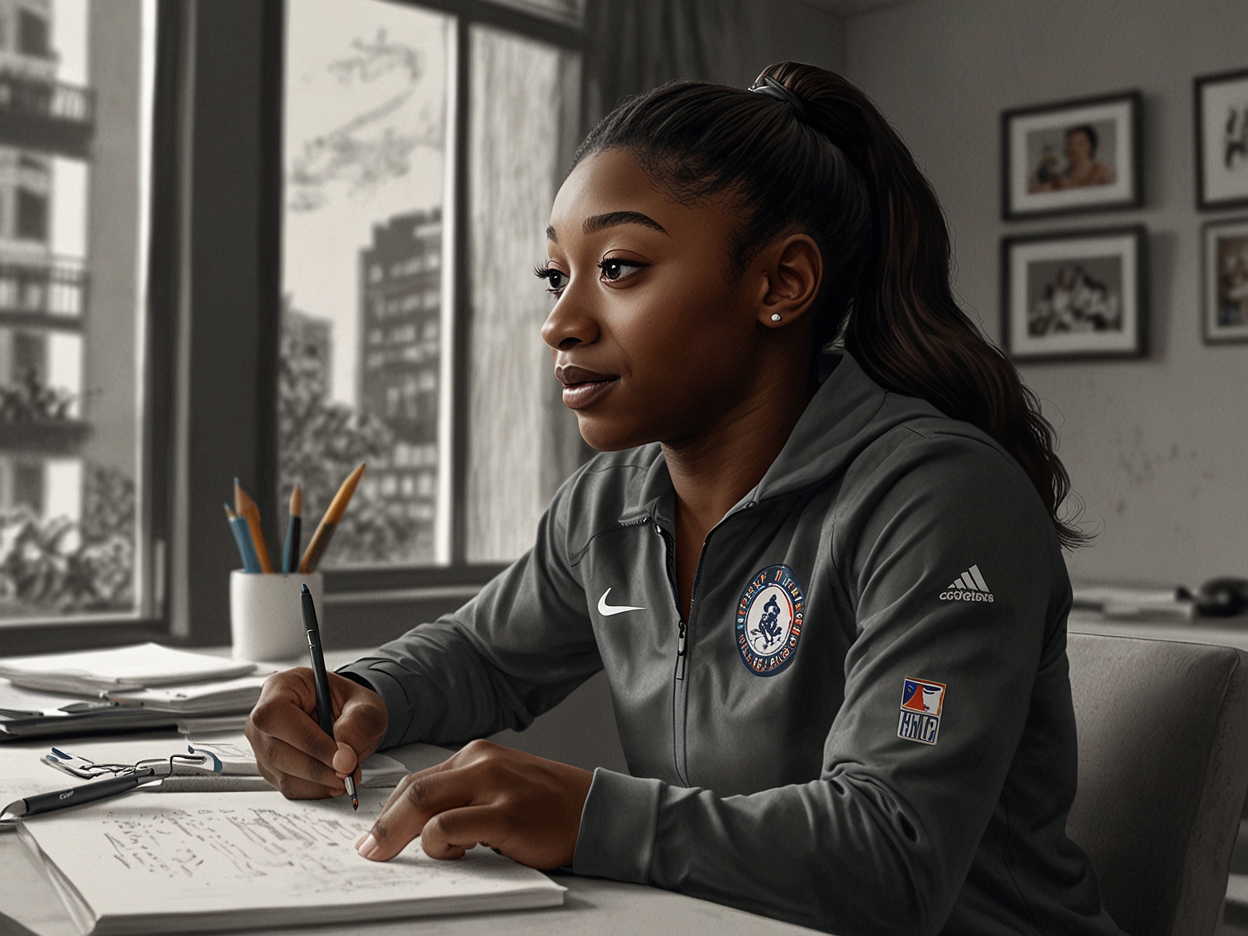 A candid moment with Simone Biles in an interview setting, capturing her raw emotions and thoughts on the challenges faced during and after the 2020 Tokyo Olympics.