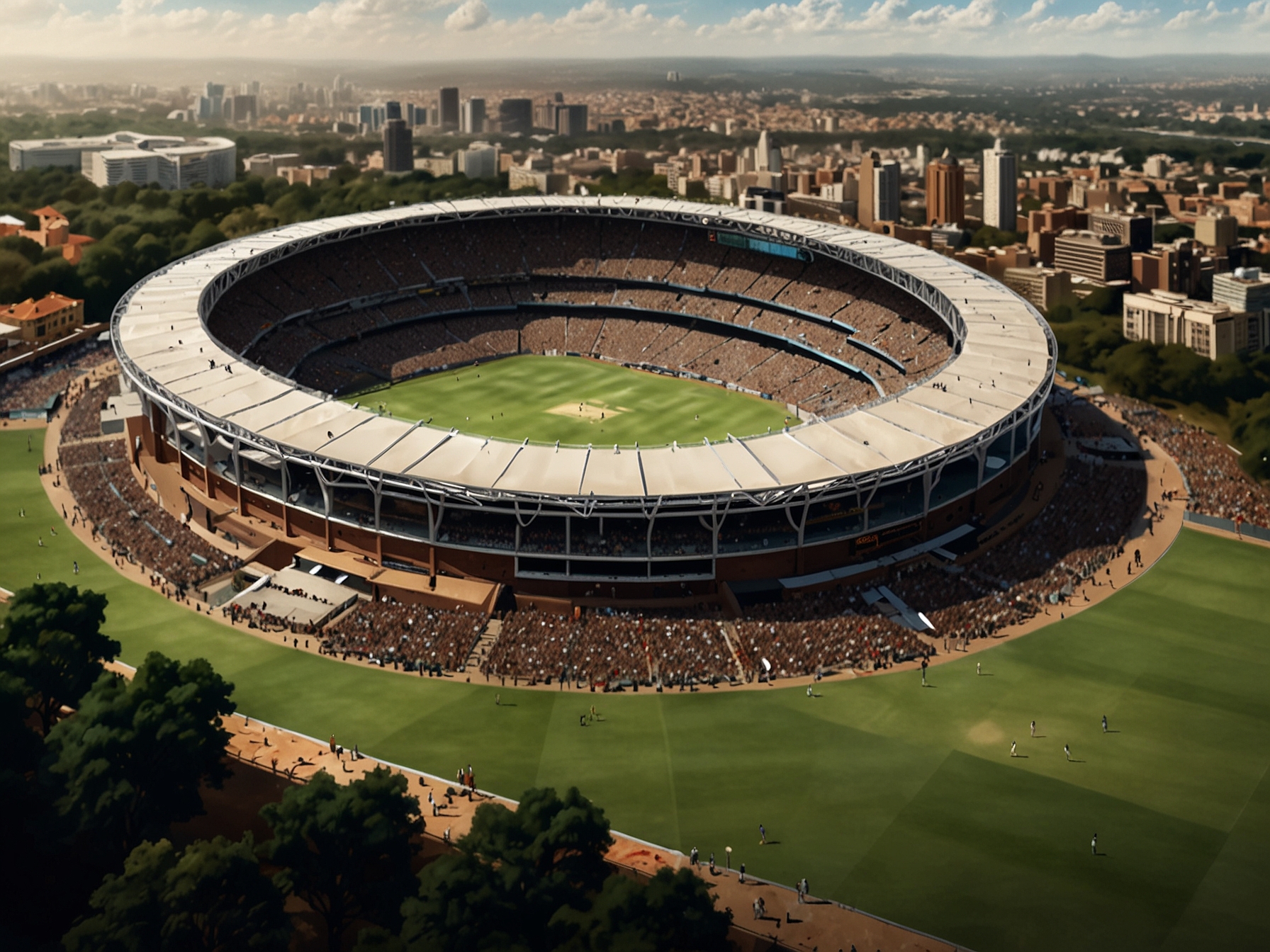 An overhead shot of the iconic Wanderers Stadium in Johannesburg filled with fans, capturing the excitement and anticipation ahead of the South Africa vs India T20 series.