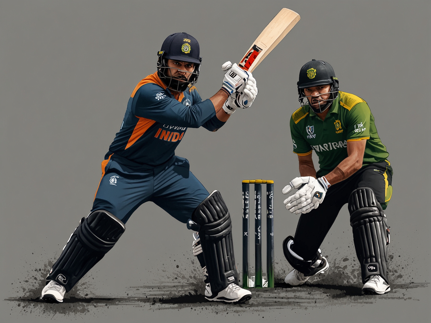 Star cricketers from South Africa and India, such as Virat Kohli and Quinton de Kock, in action during a high-energy T20 match, symbolizing the intense competition expected in the upcoming series.