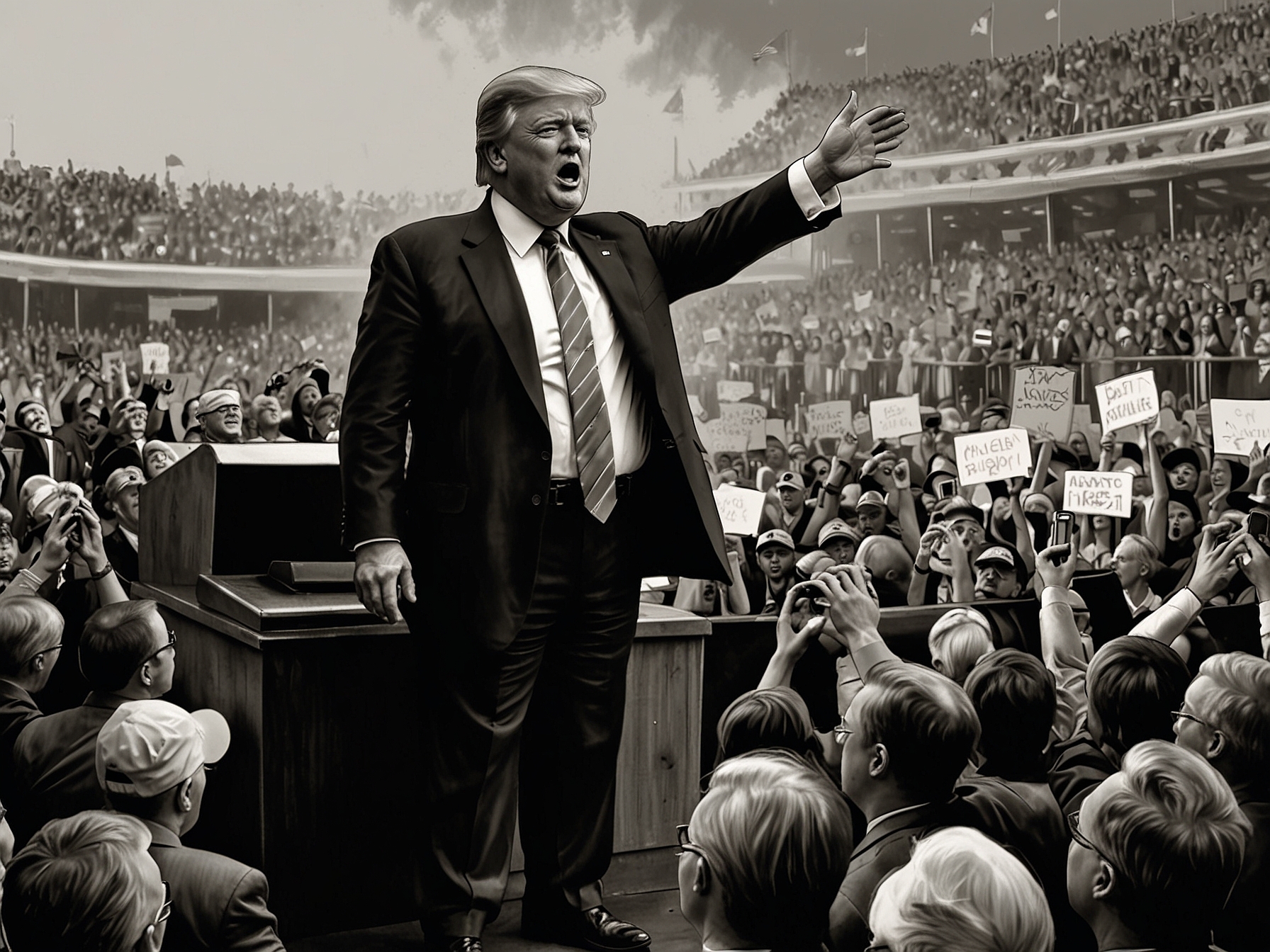Former President Donald Trump addresses supporters at a high-energy rally, a key element in his recent successful fundraising efforts, showcasing large enthusiastic crowds and strong media presence.