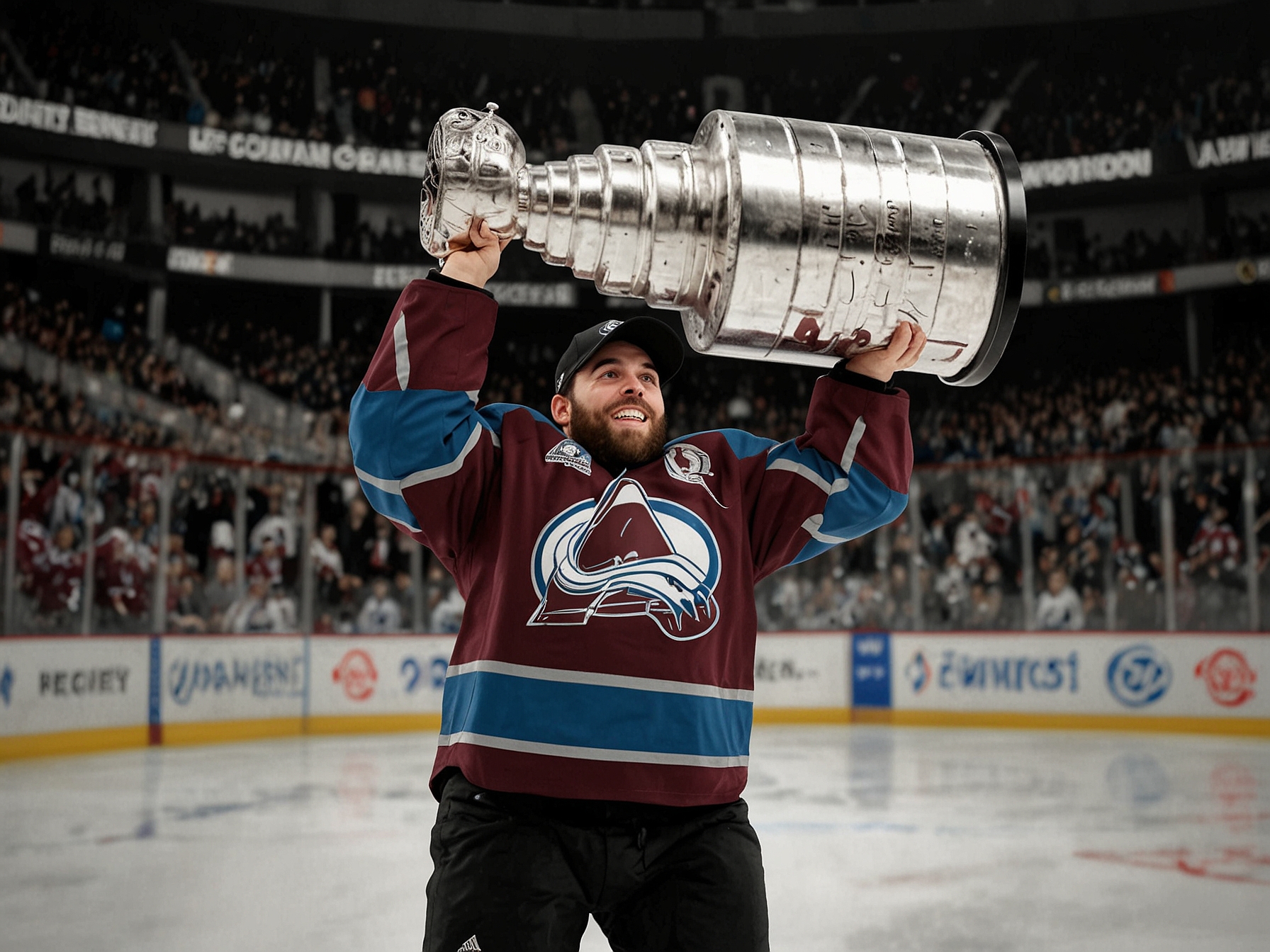 Cogliano lifting the Stanley Cup with the Colorado Avalanche in 2022, celebrating his significant career achievement and highlighting his role as a veteran presence and mentor for the team.