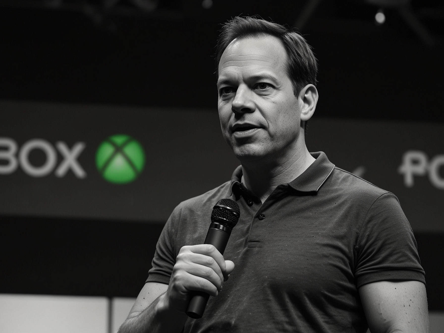 An illustration of Phil Spencer addressing an audience at an Xbox event, emphasizing the importance of creative leadership in the game development industry with a backdrop of famous game titles.