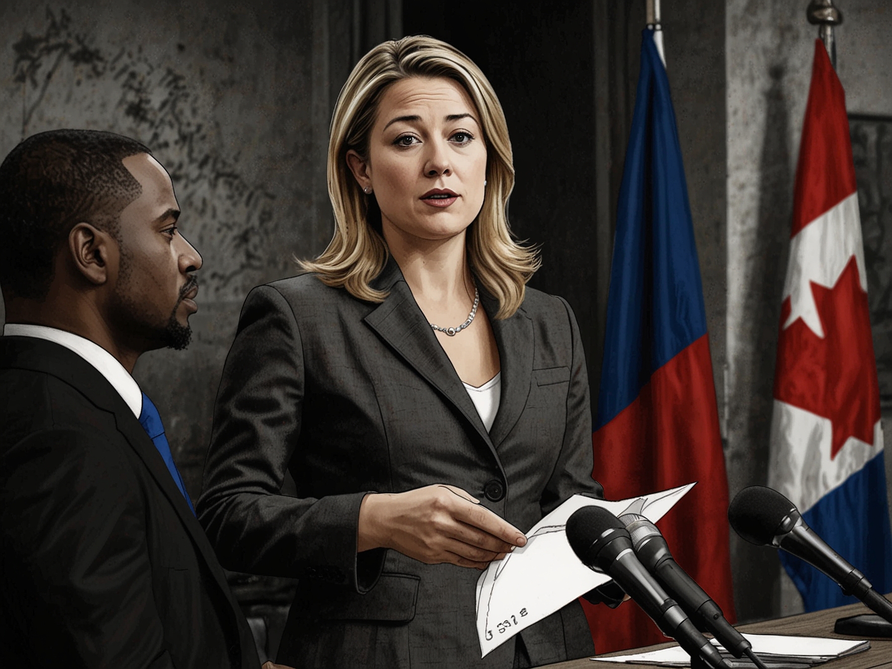 Foreign Affairs Minister Mélanie Joly addressing the media about Canada's new sanctions against Haitian gang leaders following a surge in violence in the country.