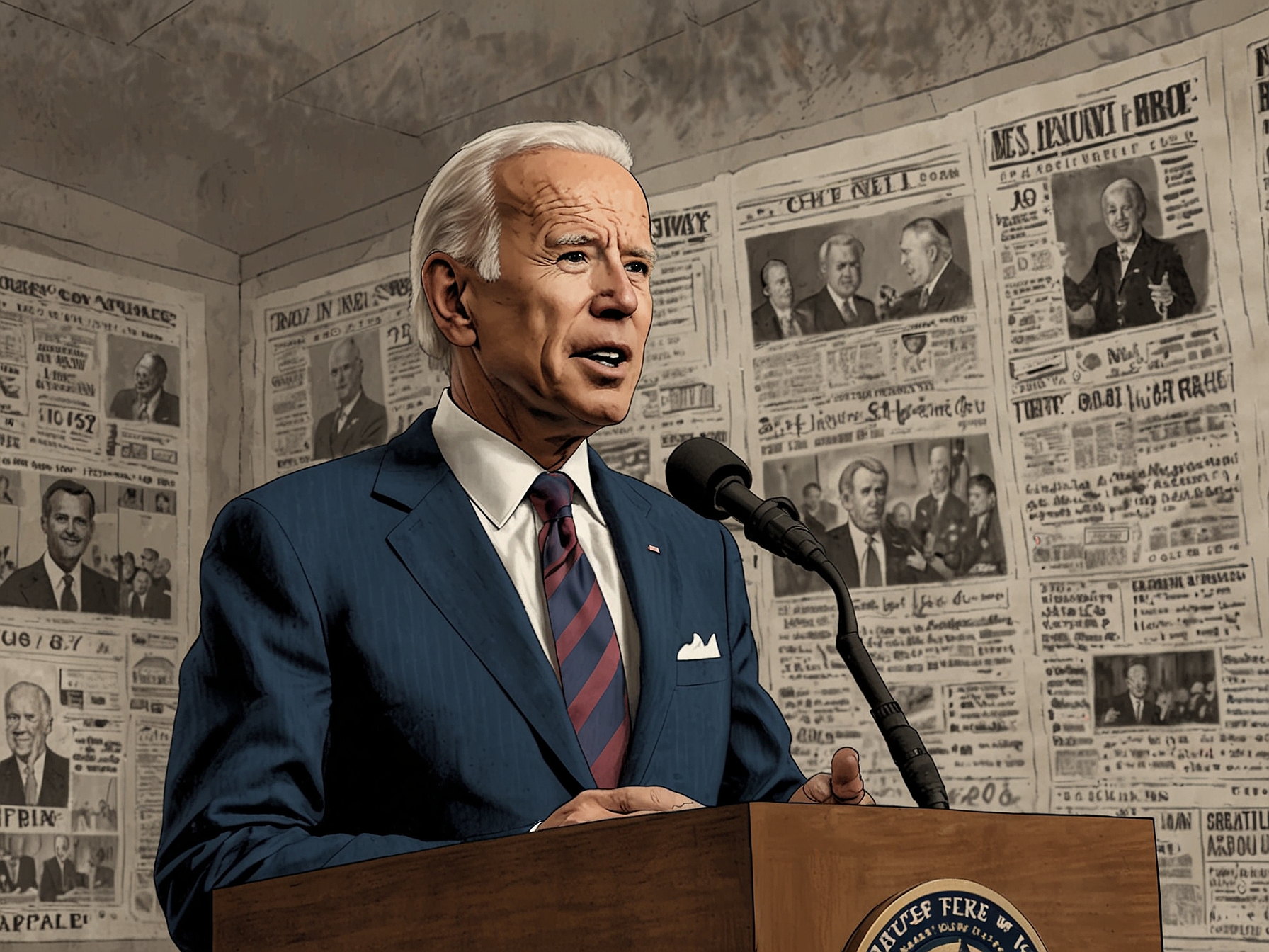 An illustration showing President Joe Biden delivering a speech, with a backdrop of conflicting news headlines, emphasizing the media's role in shaping public opinion.