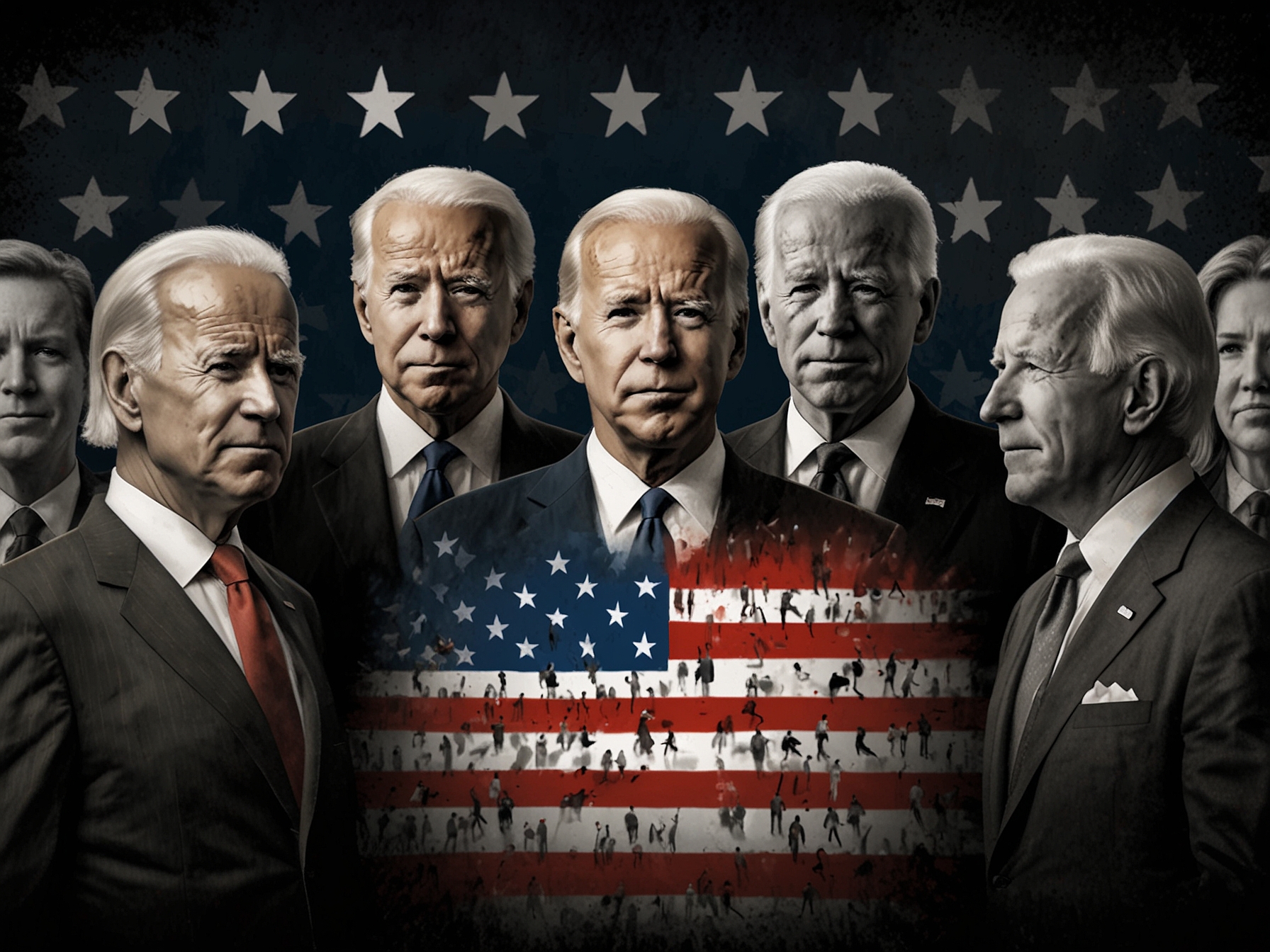 A graphic depicting a divided public, with figures representing different political views, highlighting the polarized electorate and varied perceptions of Biden's competence.