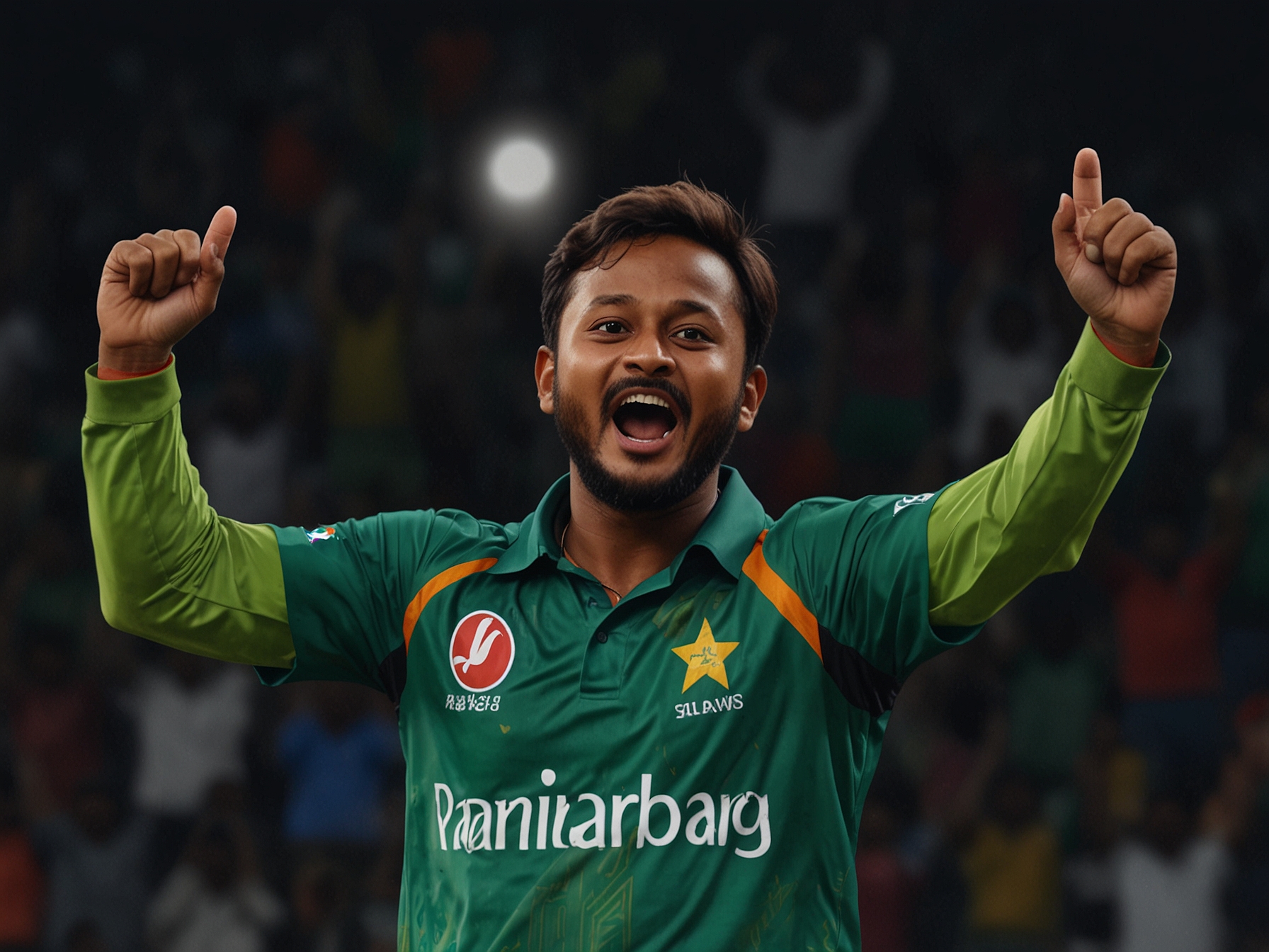 Shakib Al Hasan celebrates after taking his 50th T20 World Cup wicket against India, a historic moment showcasing his remarkable cricketing skills and consistent performance.