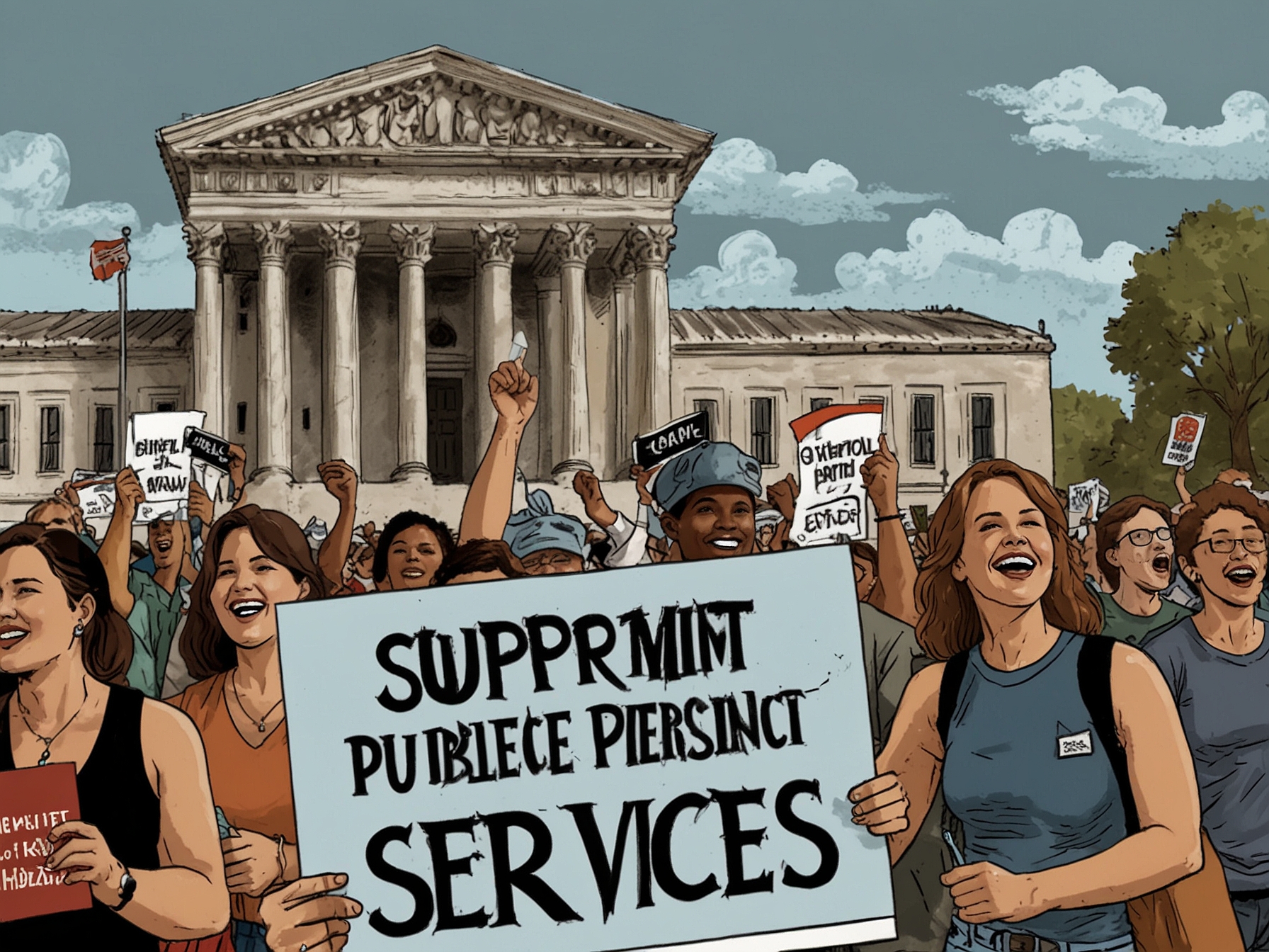 A jubilant crowd holding 'Support Public Services' signs in front of the Supreme Court, celebrating the decision to block the anti-tax measure that threatened California's fiscal policies.