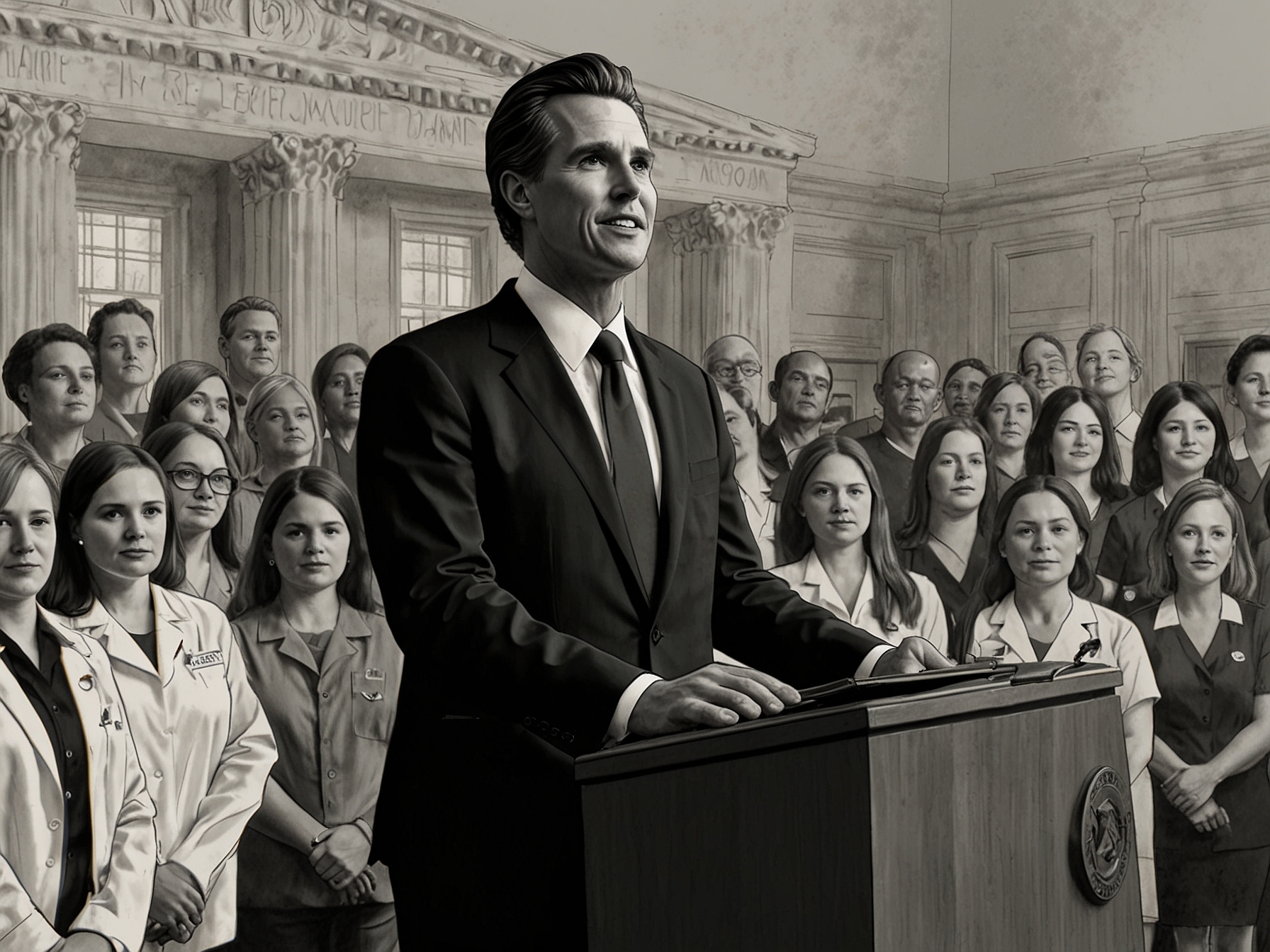 Governor Gavin Newsom addressing the media, applauding the Supreme Court's decision, with a backdrop of nurses, teachers, and infrastructure workers representing funded public services.