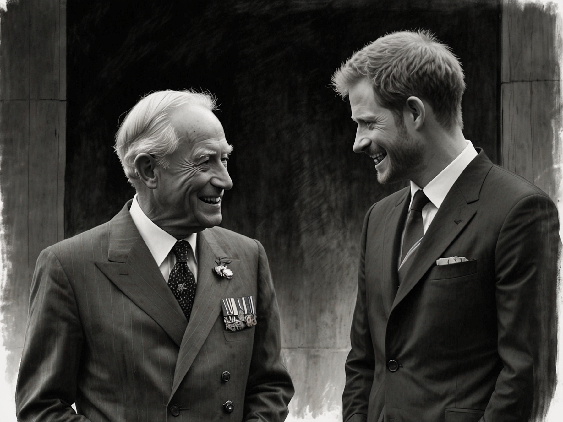 King Charles III and Prince Harry sharing a candid moment, reflecting their ongoing commitment to maintaining familial bonds despite public disagreements.
