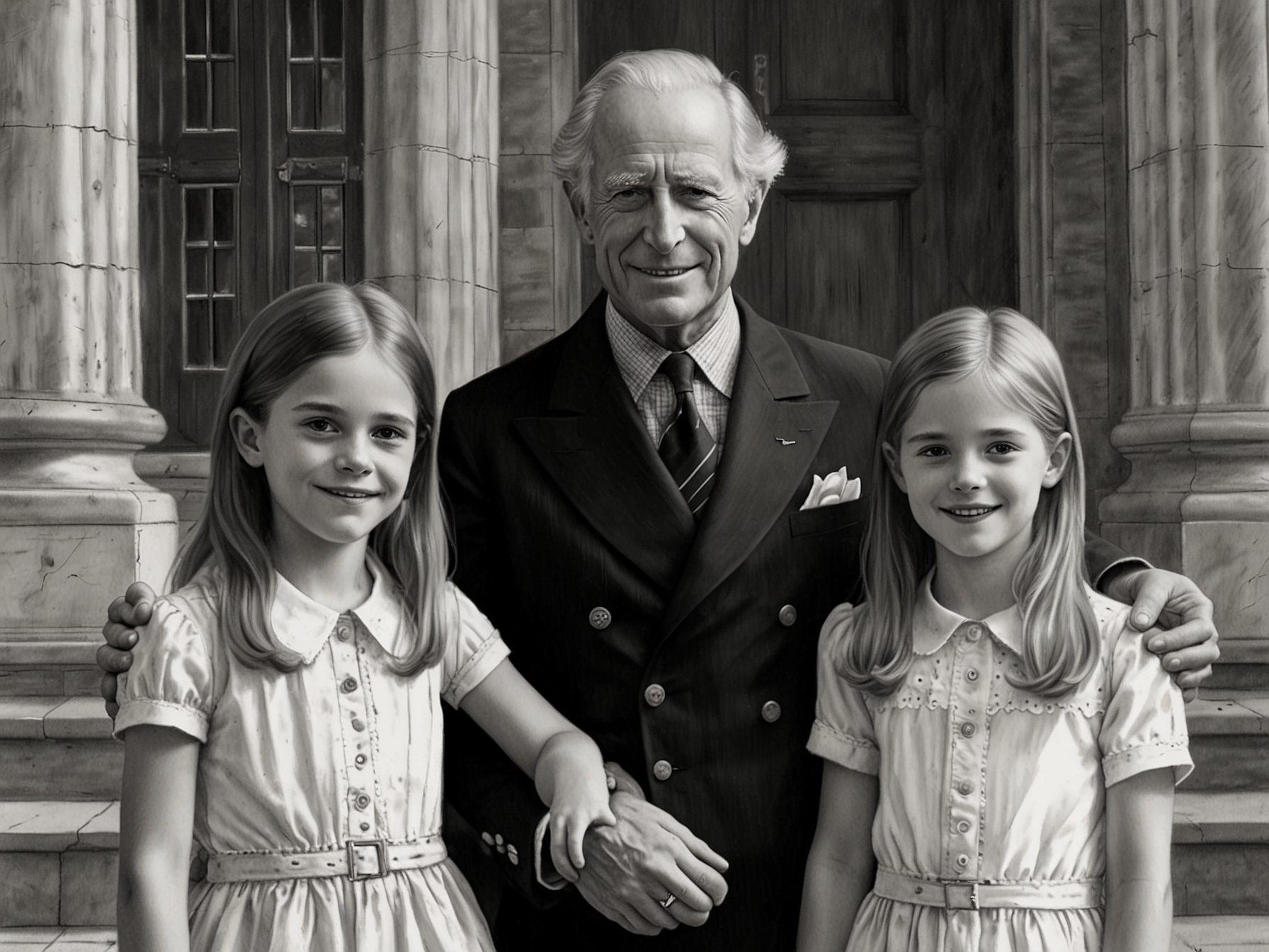 A heartwarming scene of King Charles III with his grandchildren, Archie and Lilibet, emphasizing the importance he places on family unity and British heritage.