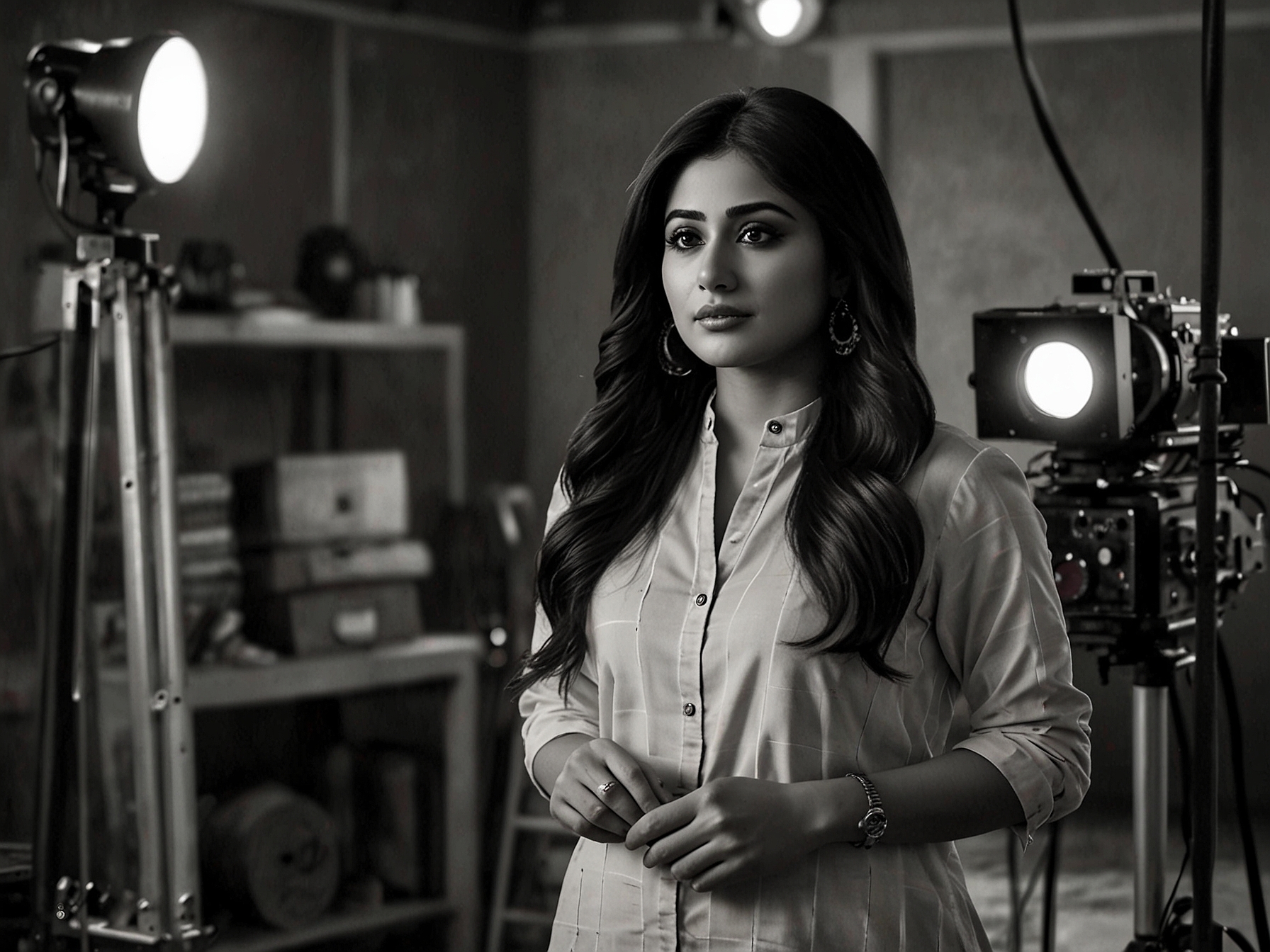 A behind-the-scenes shot of Kritika Kamra in character, ready for a pivotal scene in Matka King, surrounded by the filmmaking crew, showcasing the series' high production values.