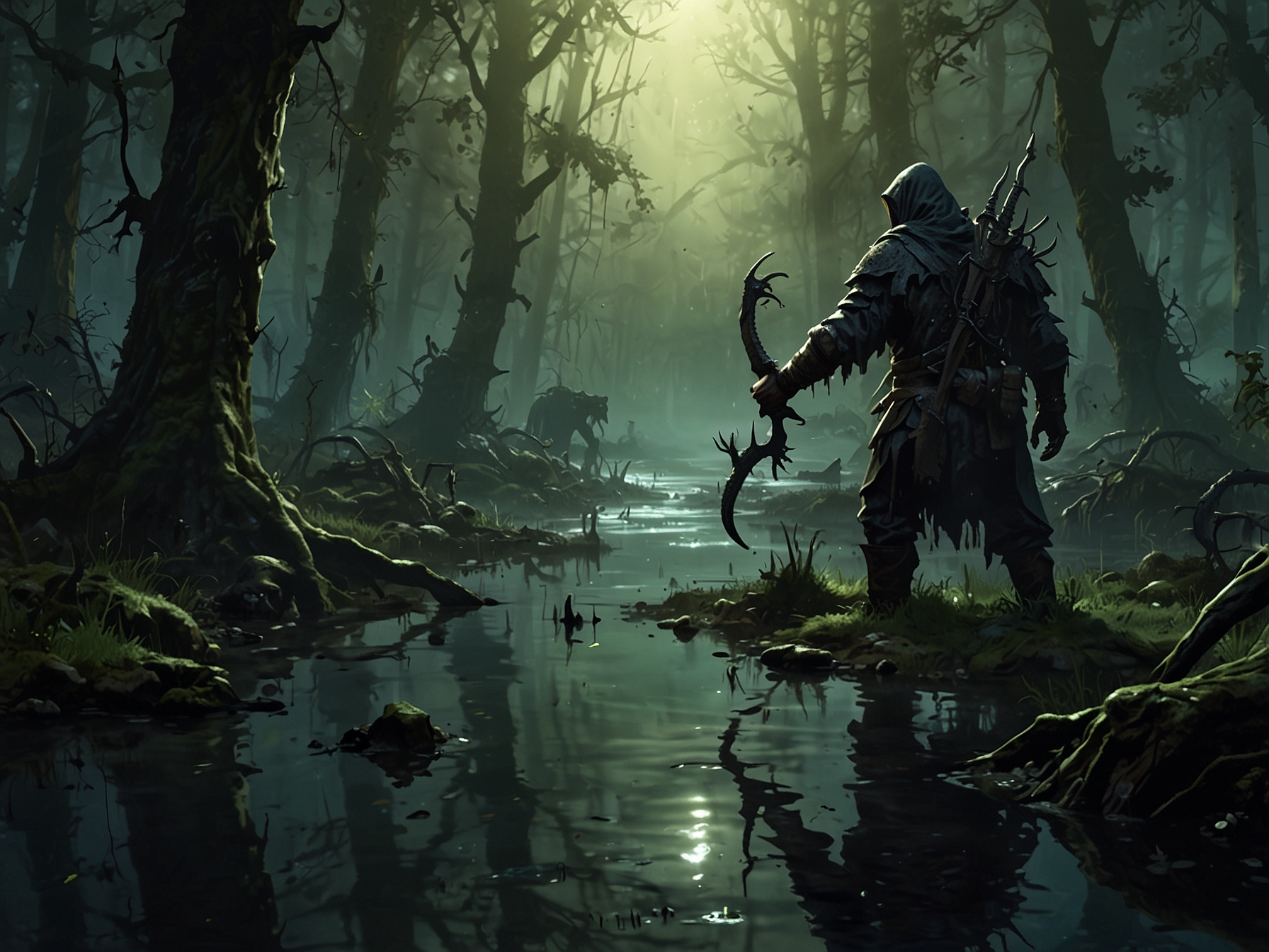 A player-character navigating a treacherous poison swamp in Elden Ring, surrounded by toxic sludge and dangerous creatures, illustrating the game's notorious environmental hazards.