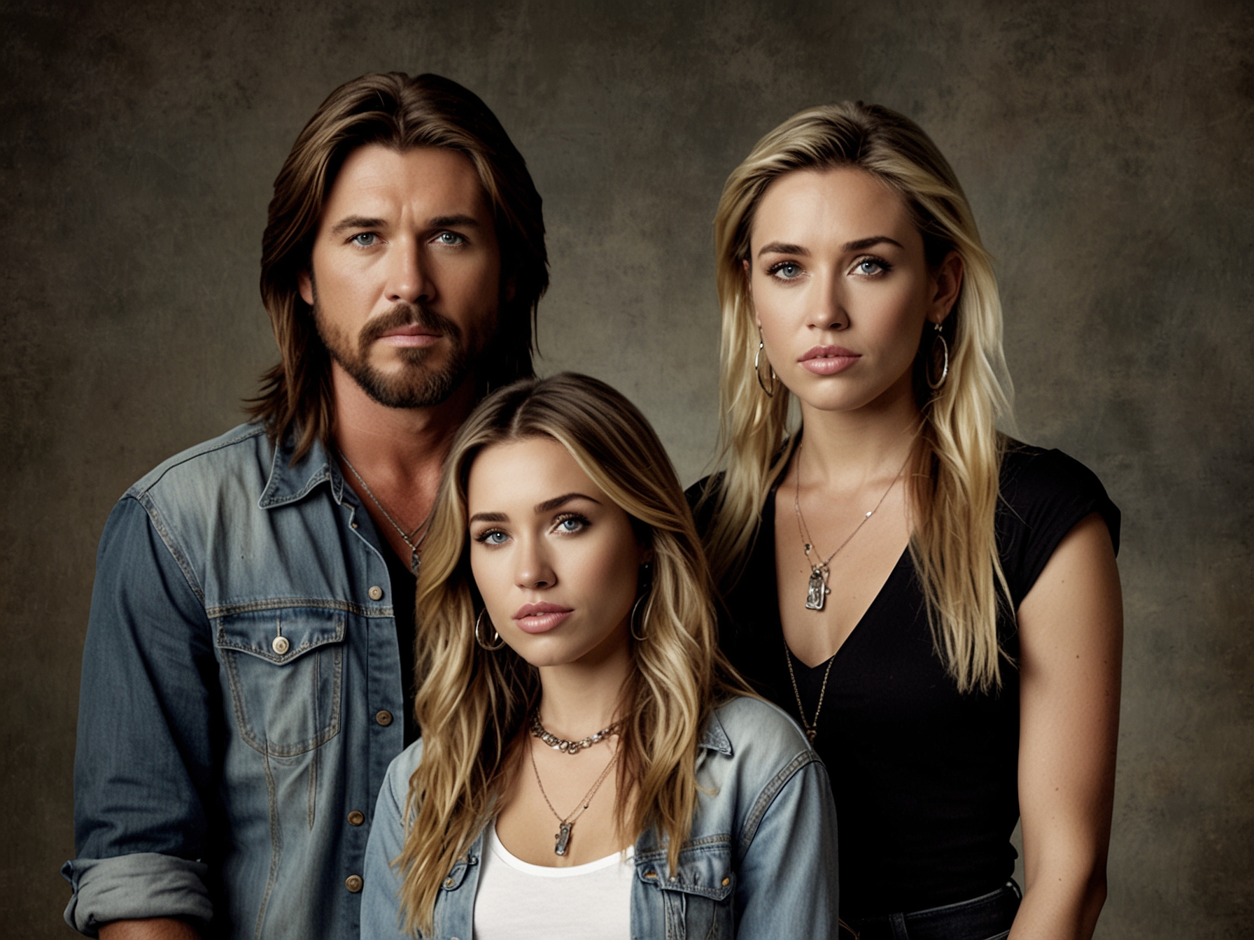 A tense family portrait of Billy Ray Cyrus, Miley Cyrus, and Tish Cyrus, highlighting the emotional strain and conflicts that contributed to their high-profile divorce.