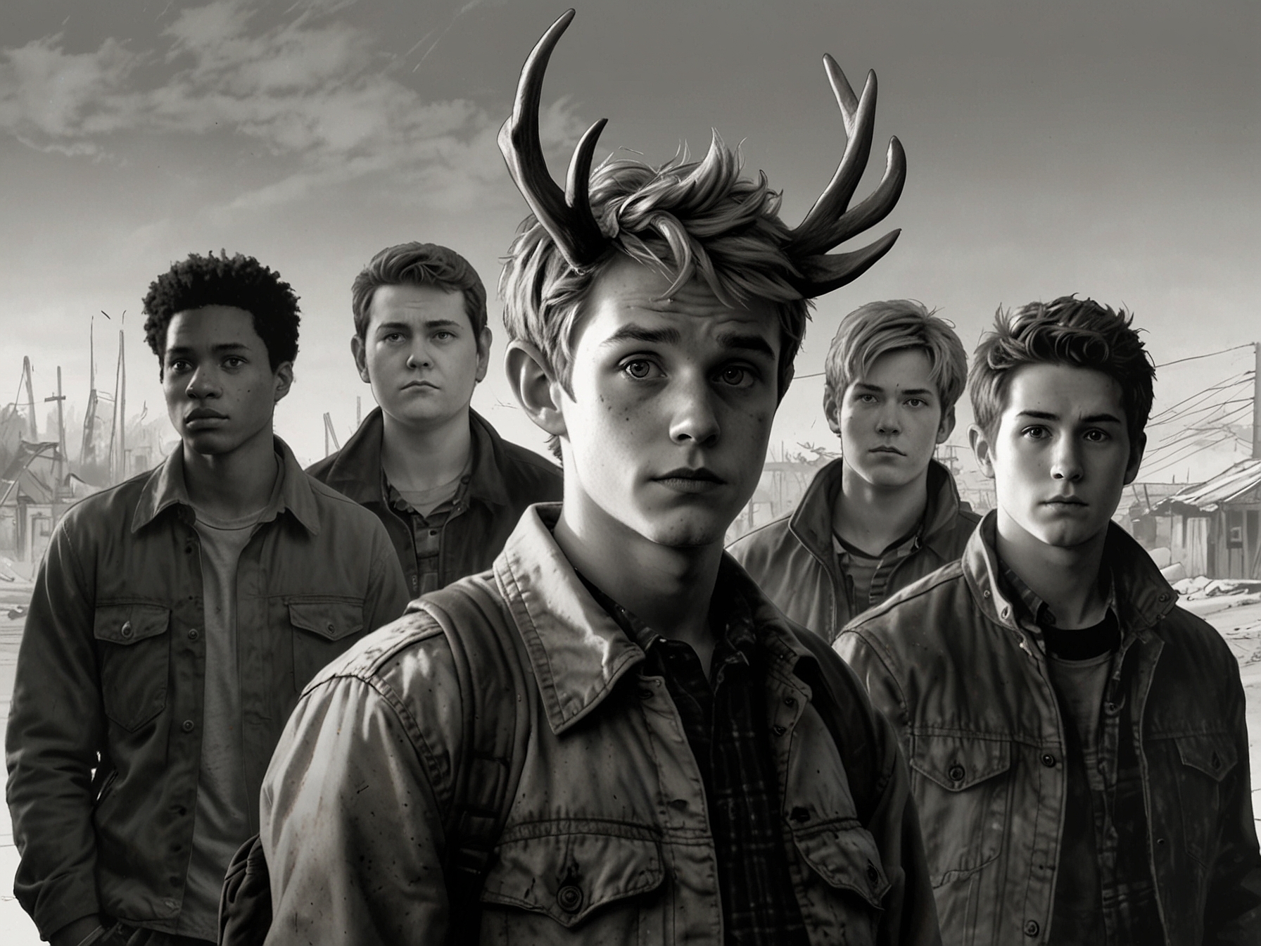 A promotional image of Sweet Tooth Season 3 featuring Gus, the half-human half-deer boy, navigating a thrilling post-apocalyptic world alongside his friends.