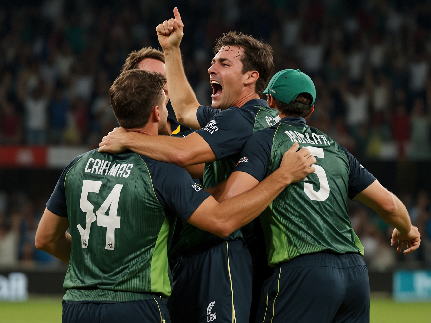 Pat Cummins celebrates with teammates after securing a hat-trick against Bangladesh in the T20 World Cup. The crowd erupts in joy as Cummins marks this exceptional achievement.