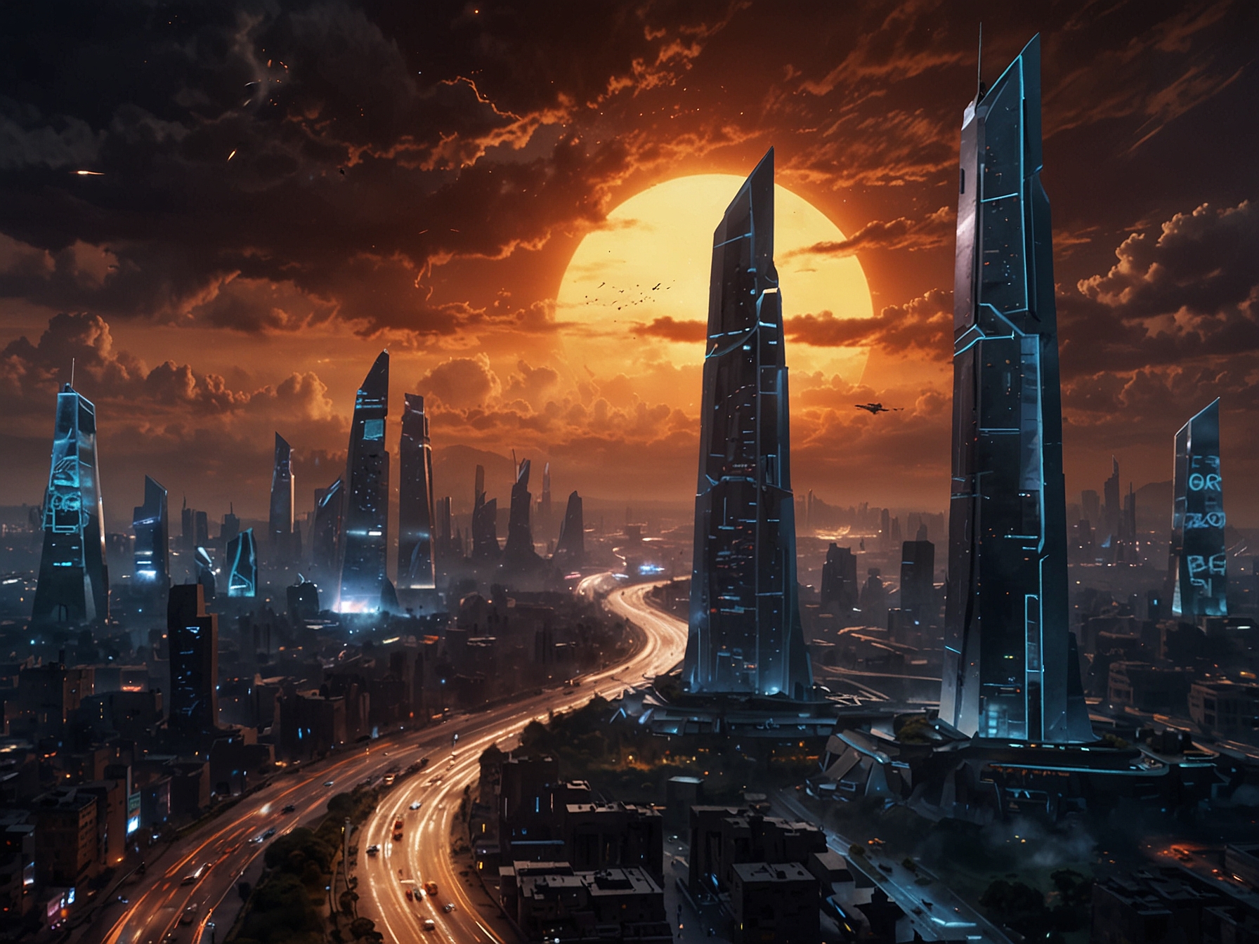 A visually striking scene from 'Kalki 2898 AD' showcases the future world it depicts, with futuristic cityscapes, advanced technology, and engaging action sequences reflecting the movie's high production value.
