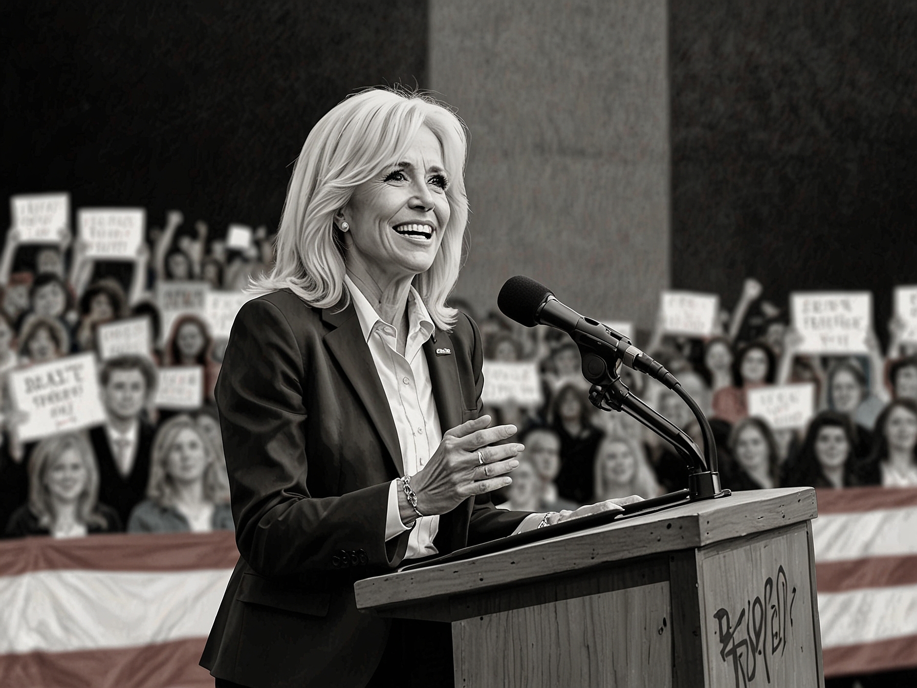A young woman standing beside First Lady Jill Biden at a campaign rally in Pennsylvania, both passionately addressing an audience about the importance of safeguarding reproductive rights.