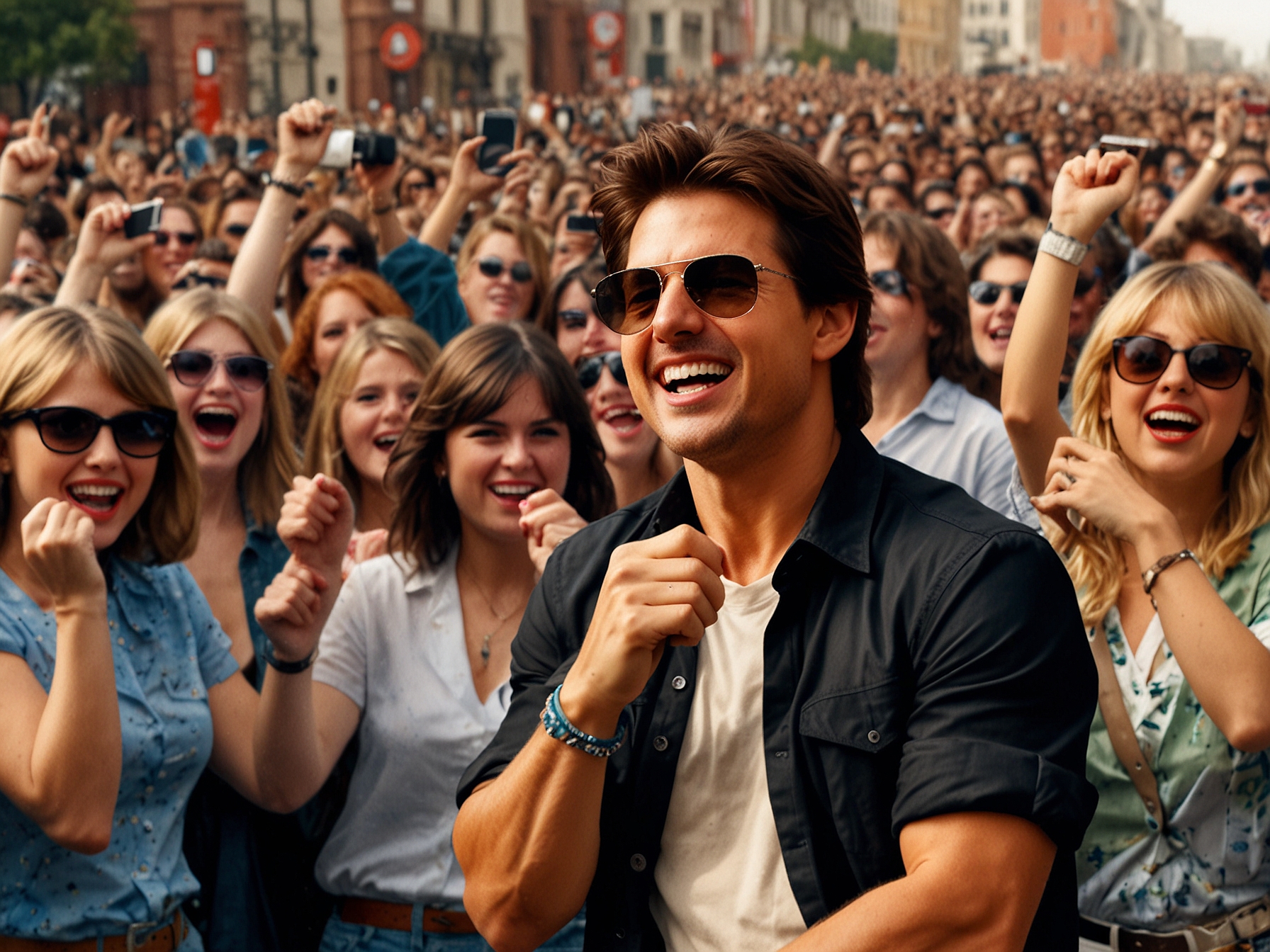 Tom Cruise, casually dressed and wearing sunglasses, exchanges friendship bracelets with enthusiastic Taylor Swift fans at the London Eras Tour, blending seamlessly into the crowd.