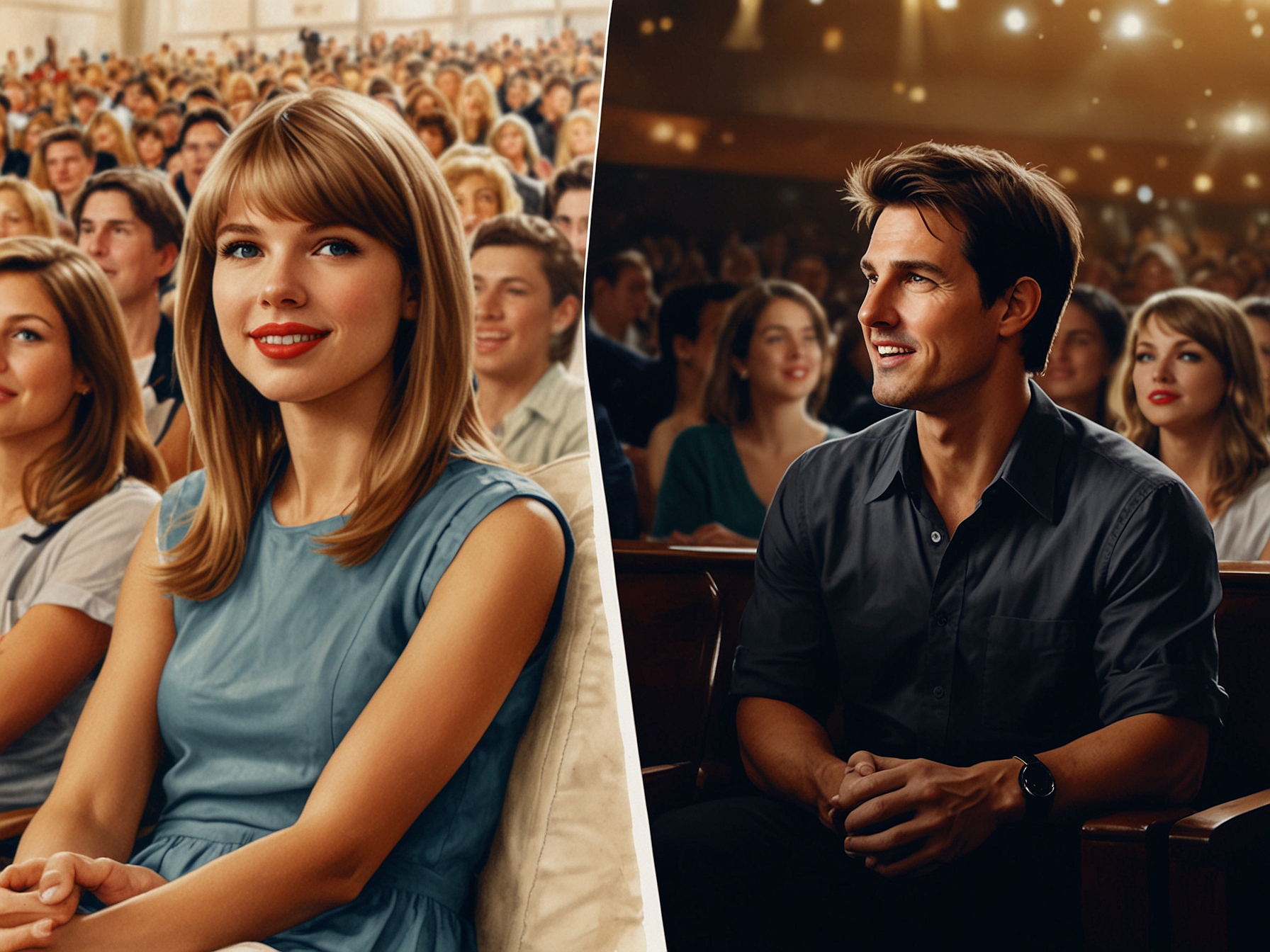 A contrasting split image: on one side, Tom Cruise enjoying Taylor Swift’s concert, and on the other, a silhouette of a graduation ceremony, representing Cruise’s absence from his daughter Suri's graduation.