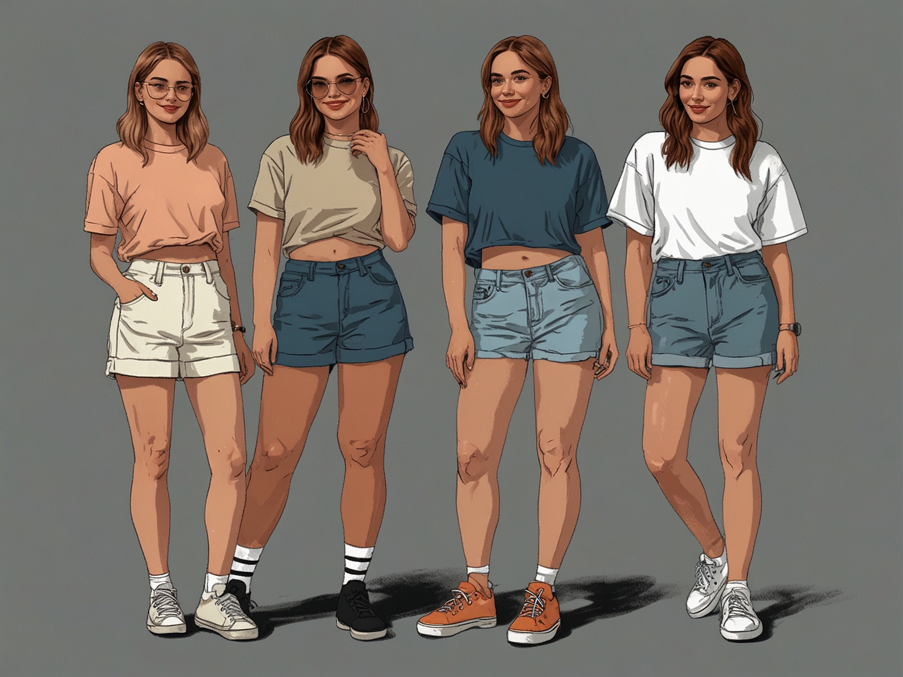 An illustration showing millennial influencers sporting ankle socks with a casual, minimalist outfit, highlighting their preference for understated fashion.