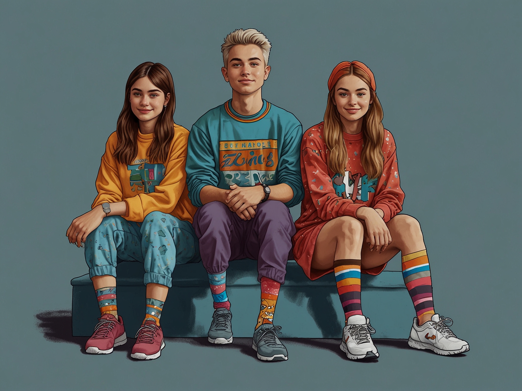 A vibrant depiction of Gen Z fashion enthusiasts wearing crew socks adorned with colorful patterns and logos, symbolizing their bold and expressive style.